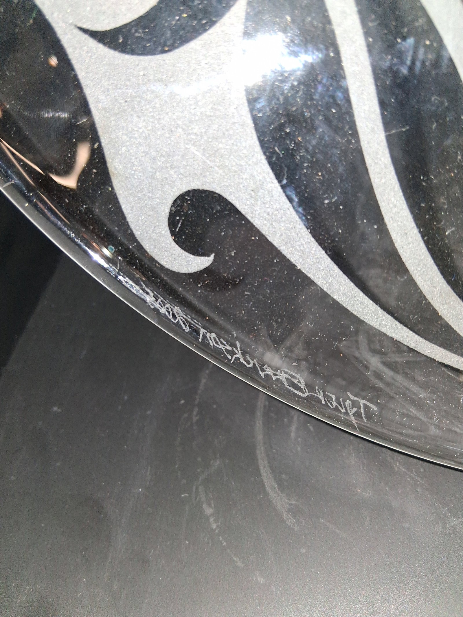 circular glass platter with an engraved abstract pattern, signed - 10