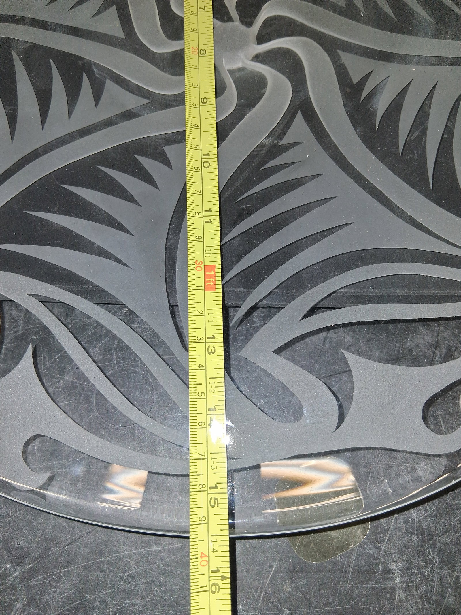 circular glass platter with an engraved abstract pattern, signed - 12