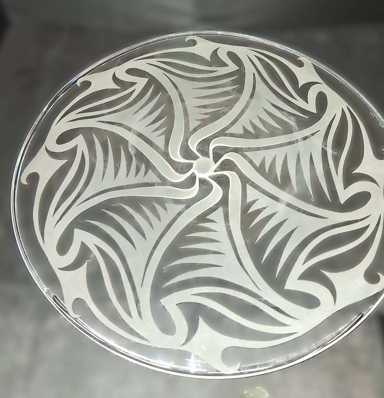 circular glass platter with an engraved abstract pattern, signed - 2
