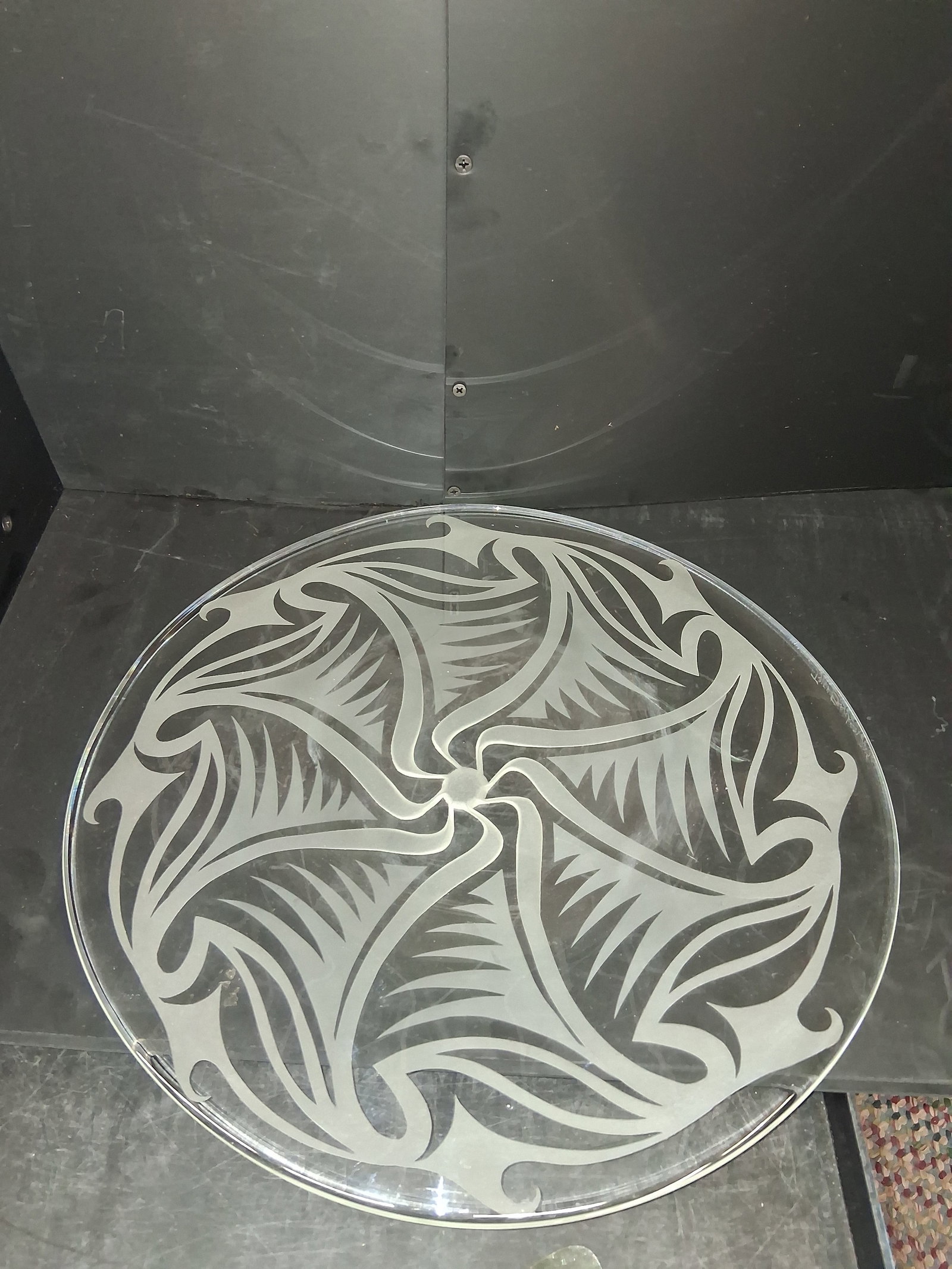 circular glass platter with an engraved abstract pattern, signed - 3