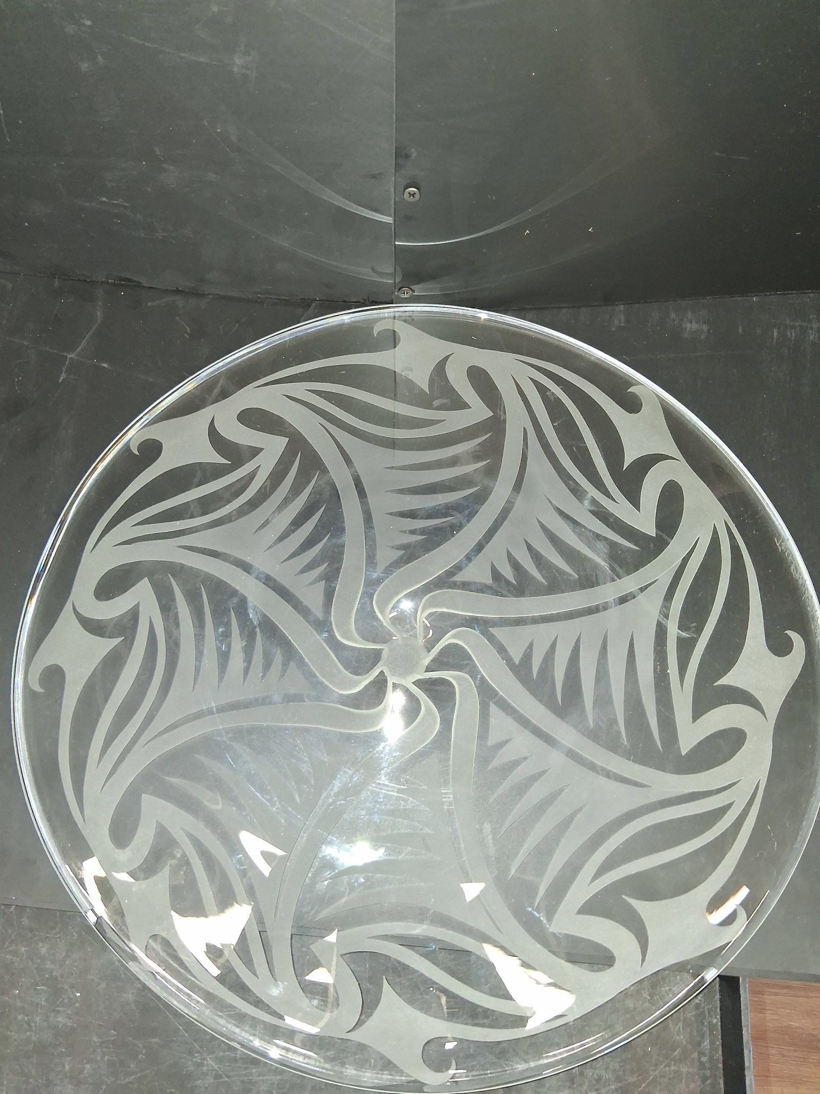 circular glass platter with an engraved abstract pattern, signed - 5