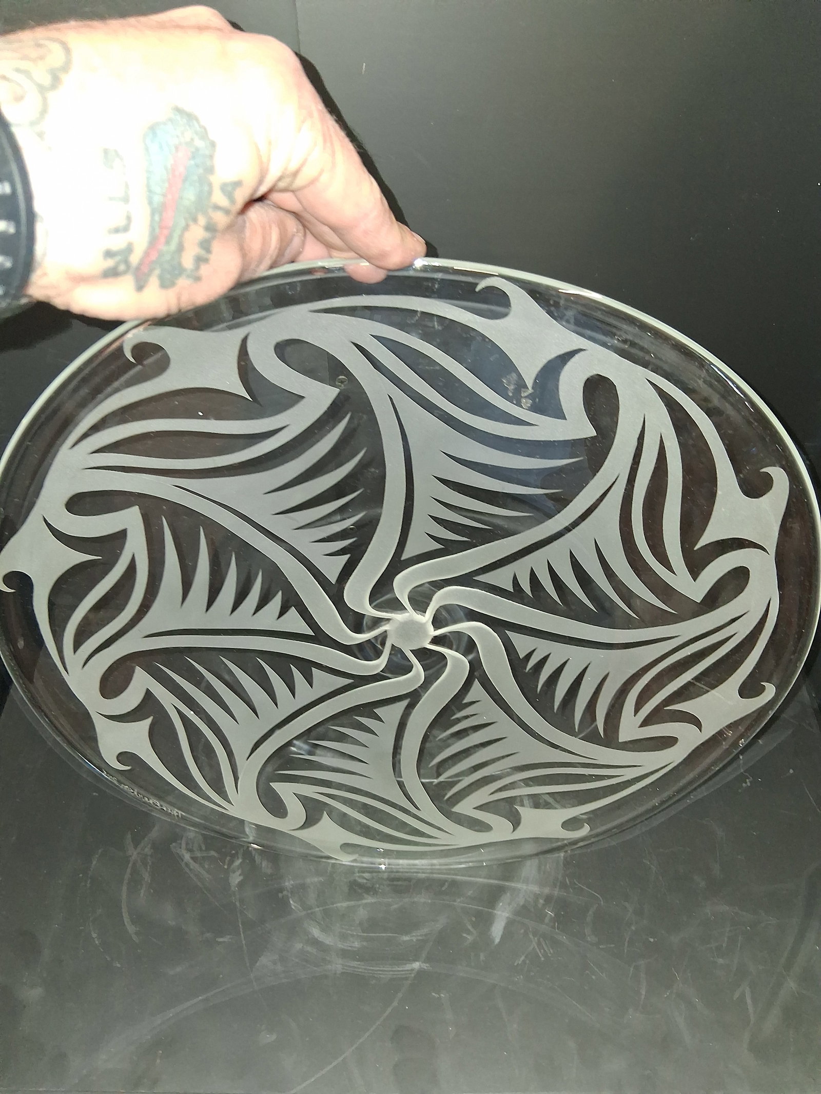 circular glass platter with an engraved abstract pattern, signed - 9