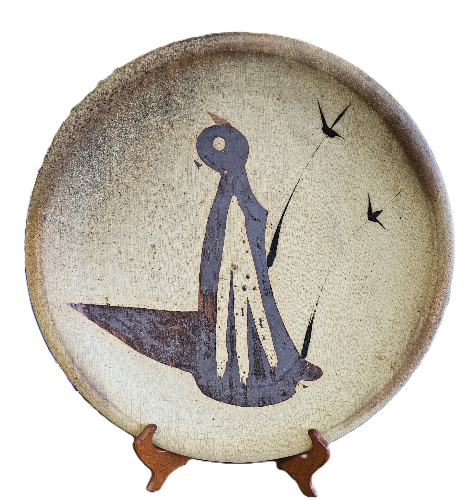 large native American style platter: pueblo style folk art pottery platter, heavy, stand included, signed (stamped)
