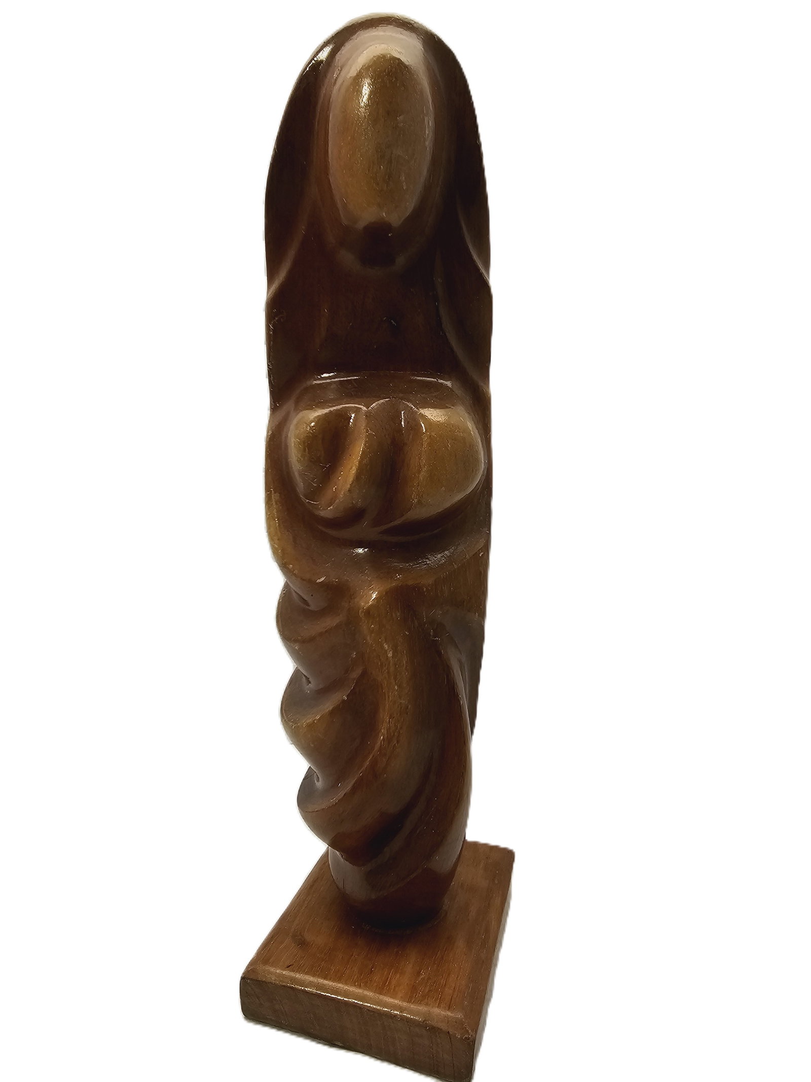 mid-century modern wooden sculpture depicting a mother holding a chil: mid-century modern wooden sculpture depicting a mother holding a child, similar to stylized Virgin Mary carvings.Style: The piece exhibits a mid-century modern (MCM) aesthetic, often characterized by