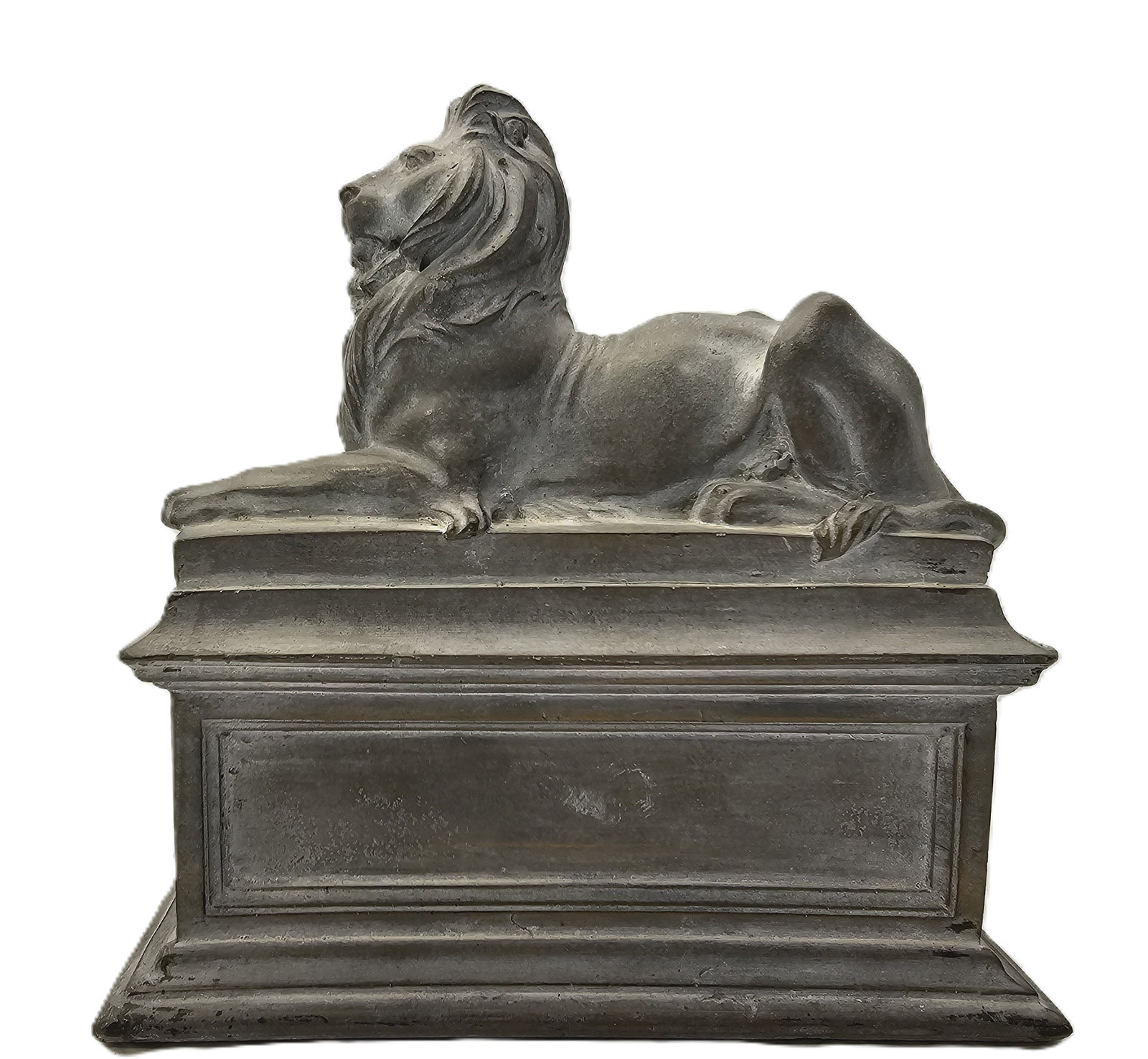 small ceramic recumbent lion statue, often styled as a guardian or memorial piece: recumbent lion statue, often styled as a guardian or memorial piece