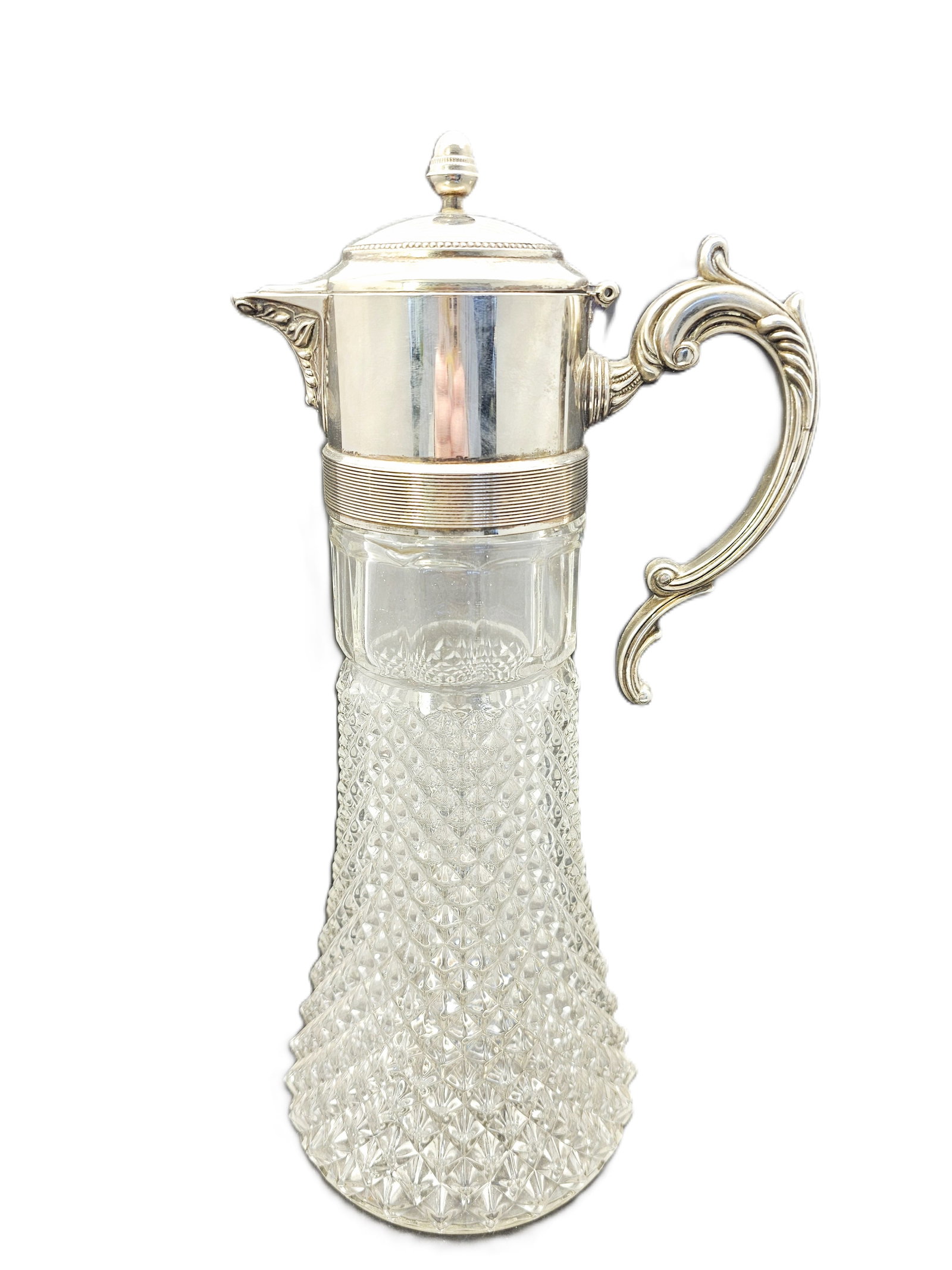 silver-plated and crystal diamond point glass claret pitcher: vintage or antique, possibly Leonard Italy silver-plated and crystal diamond point glass claret pitcher.