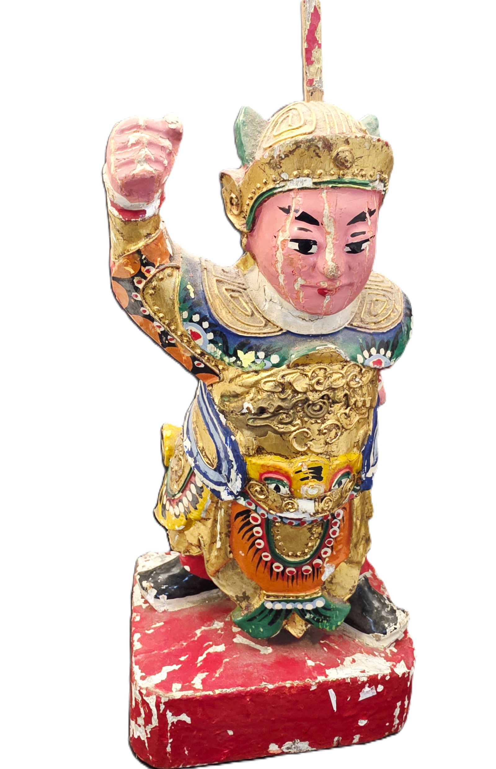 antique Chinese carved wooden figurine of a warrior: antique Chinese carved wooden figurine of a warrior, featuring polychrome paint and gilding.The sculpture represents a temple immortal or "Menshen" (Door God) in brightly decorated armor.Similar items