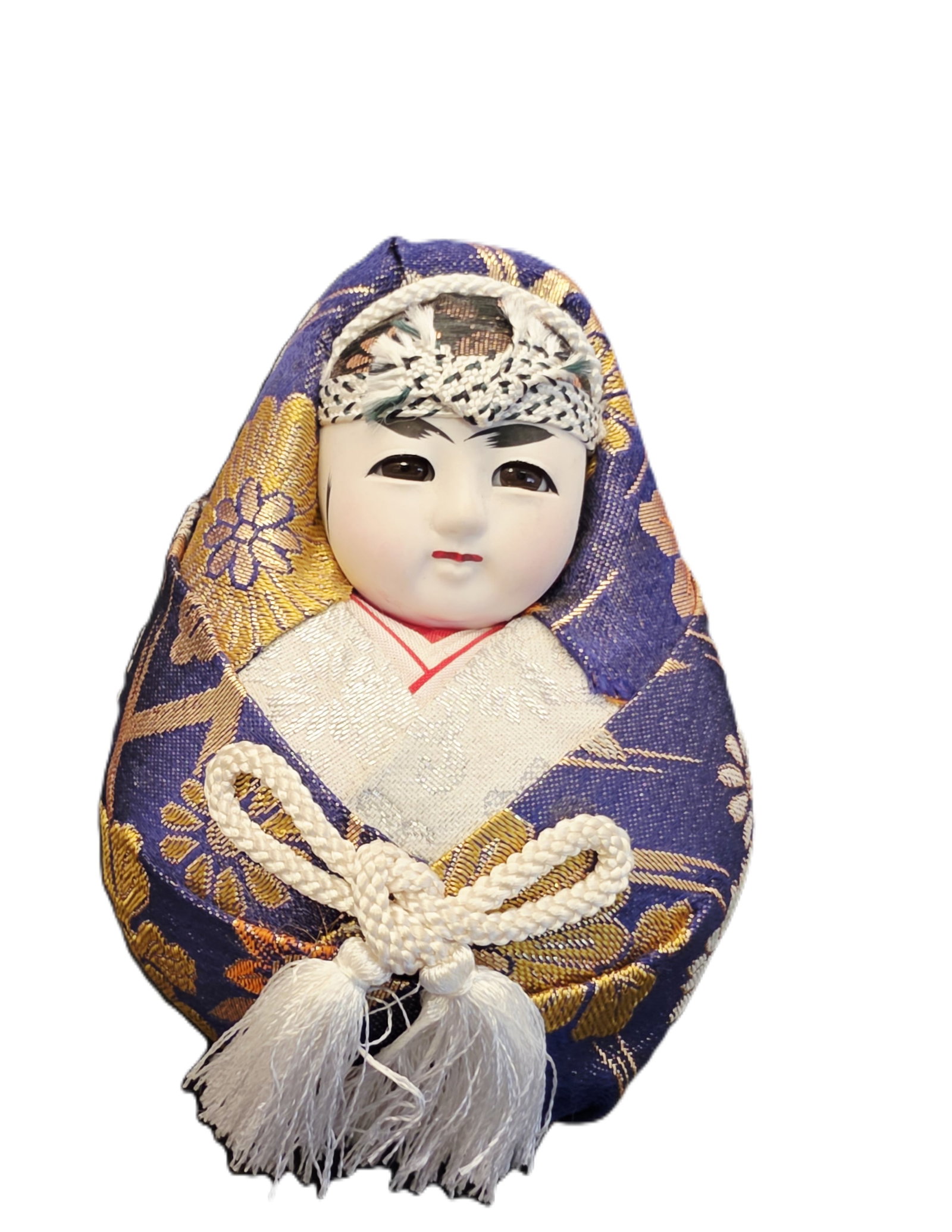 japanese Hime Daruma wedding doll wearing a blue and gold brocade kimono.: japanese Hime Daruma wedding doll wearing a blue and gold brocade kimono.