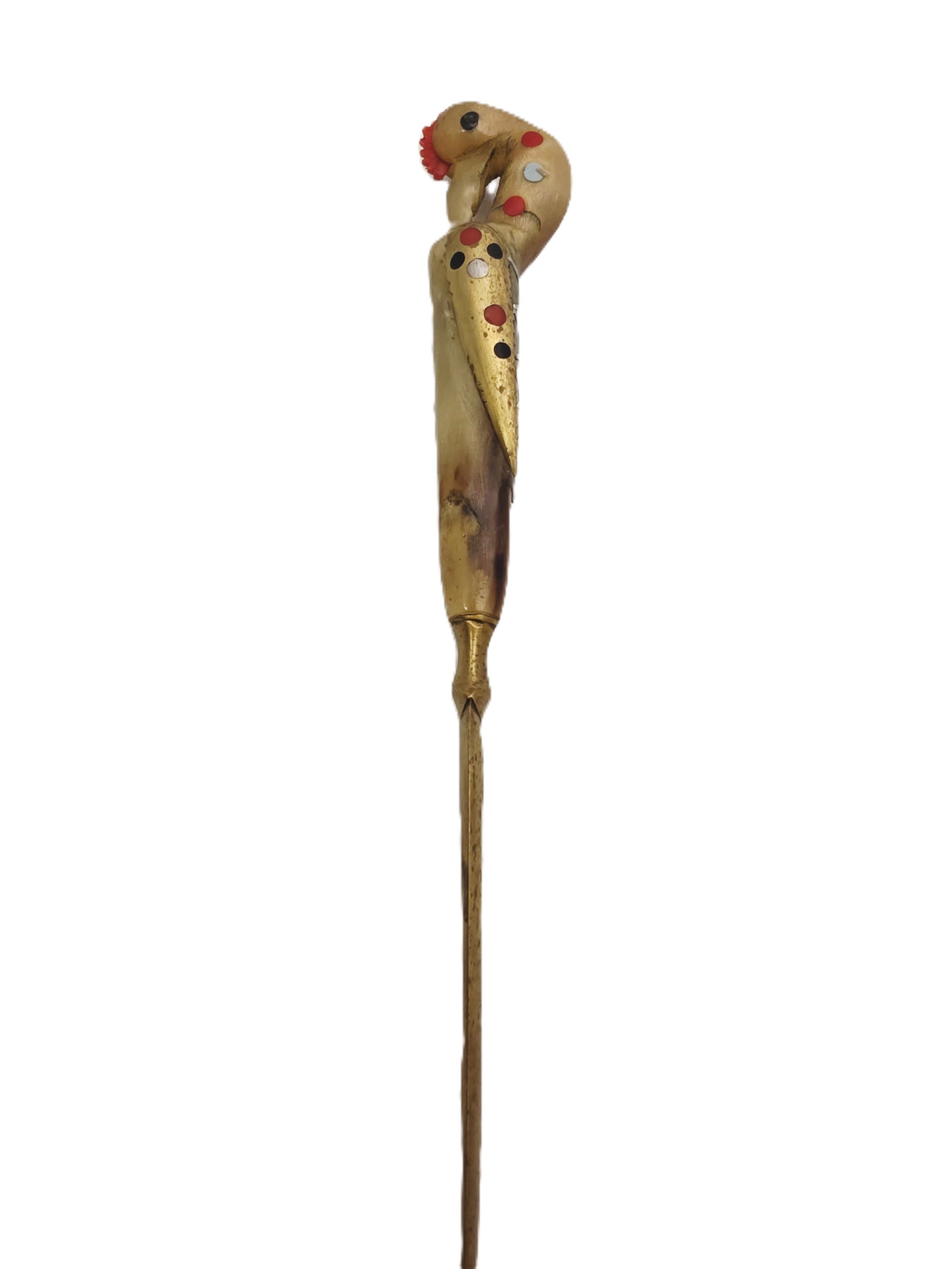 Alfred Haddad Jezzine Bone Carved Letter Opener: vintage handcrafted letter opener from Jezzine, Lebanon, featuring a carved bone or horn handle shaped like a bird, typically a phoenix or peacock, with colorful stone inlays.Origin: These items are
