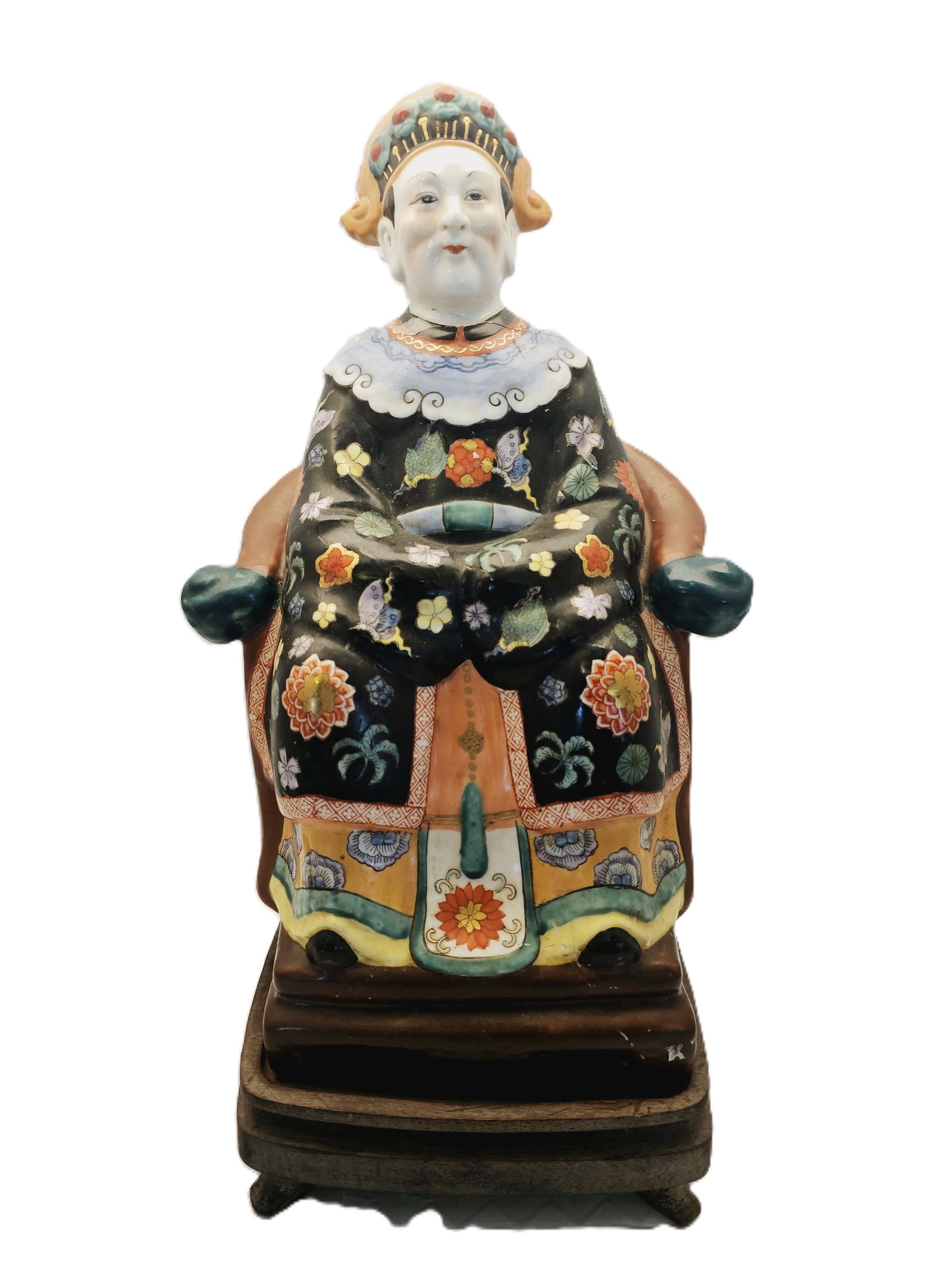Antique Or Vintage Chinese Famille Rose Glazed Porcelain Empress: As is - repairs on neckLarge statue , antique or vintage Chinese Famille Rose glazed porcelain empress figurine seated on a wooden throne.