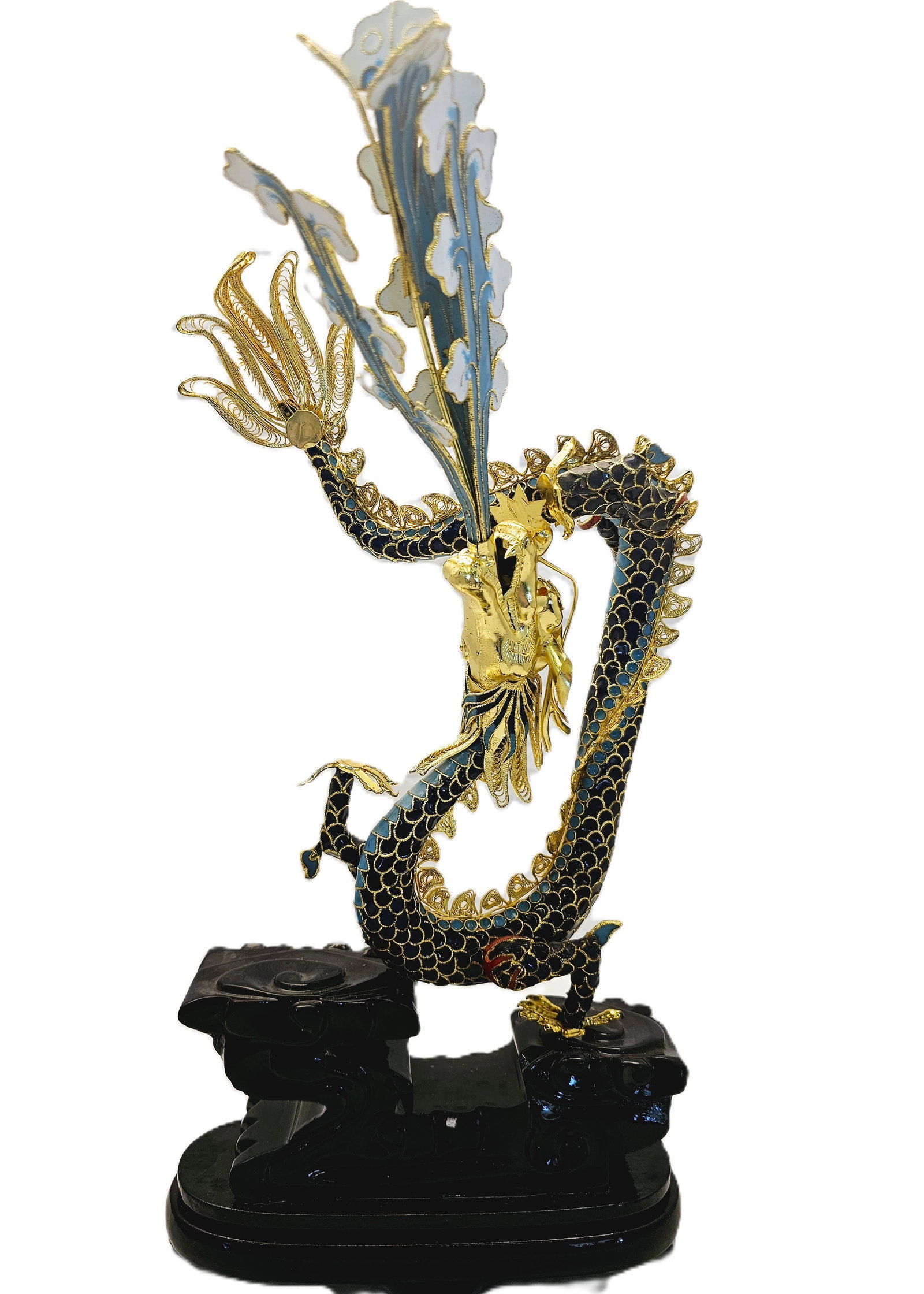 Chinese Cloisonne Enamel Golden Dragon Figurine: Chinese Cloisonne Enamel Golden Dragon figurine featuring filigree work and a wooden base.Materials & Technique: The statue is crafted from gold-plated brass or copper filigree, adorned with intricate