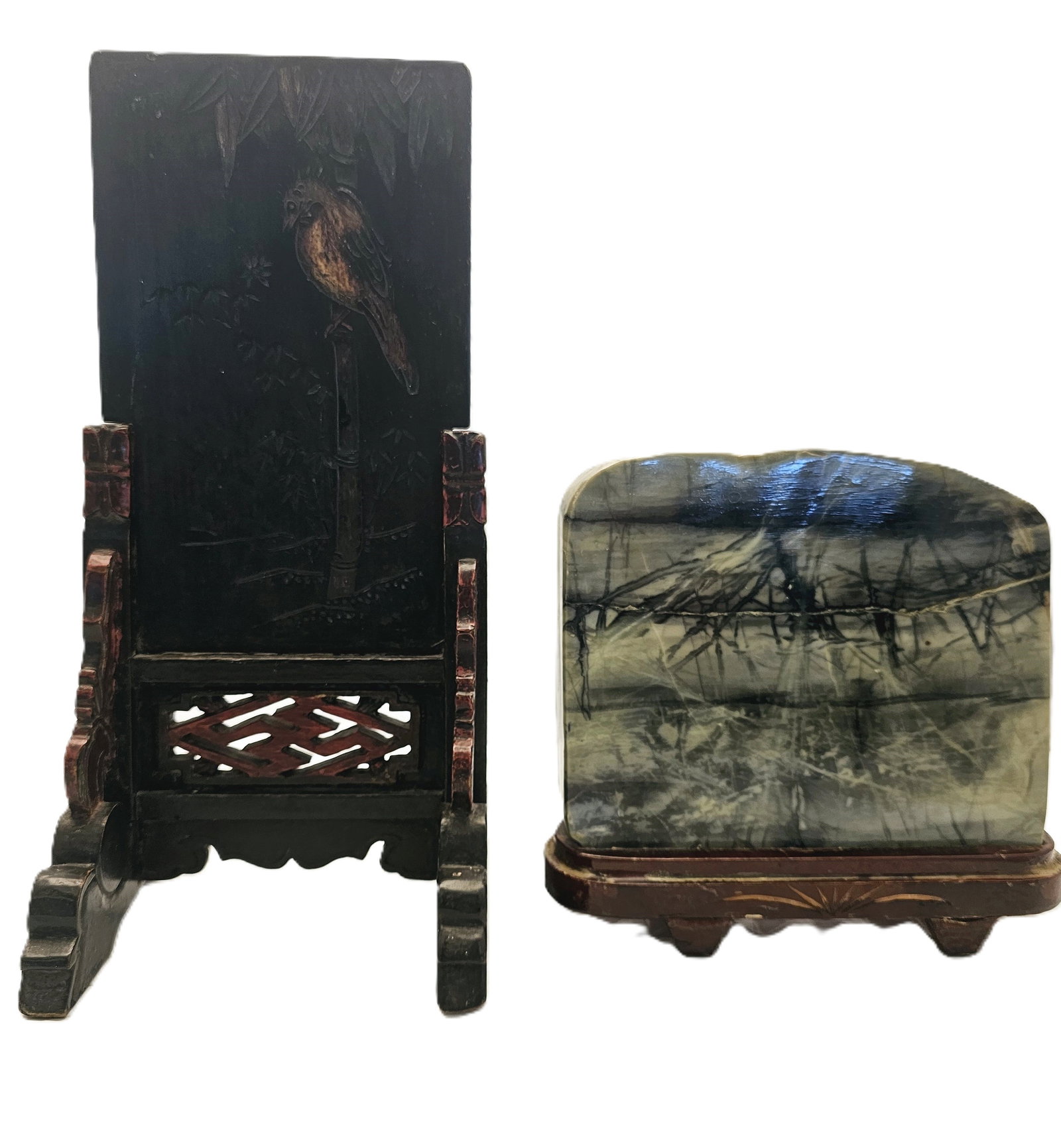 Antique Chinese Lacquered Table Screen And Dream Stone Plaque: antique Chinese lacquered table screen, featuring a hand-carved design on a wooden stand.Plus a vintage Chinese dream stone plaque featuring a natural patterned rock set on a wooden stand.Stone Type: 
