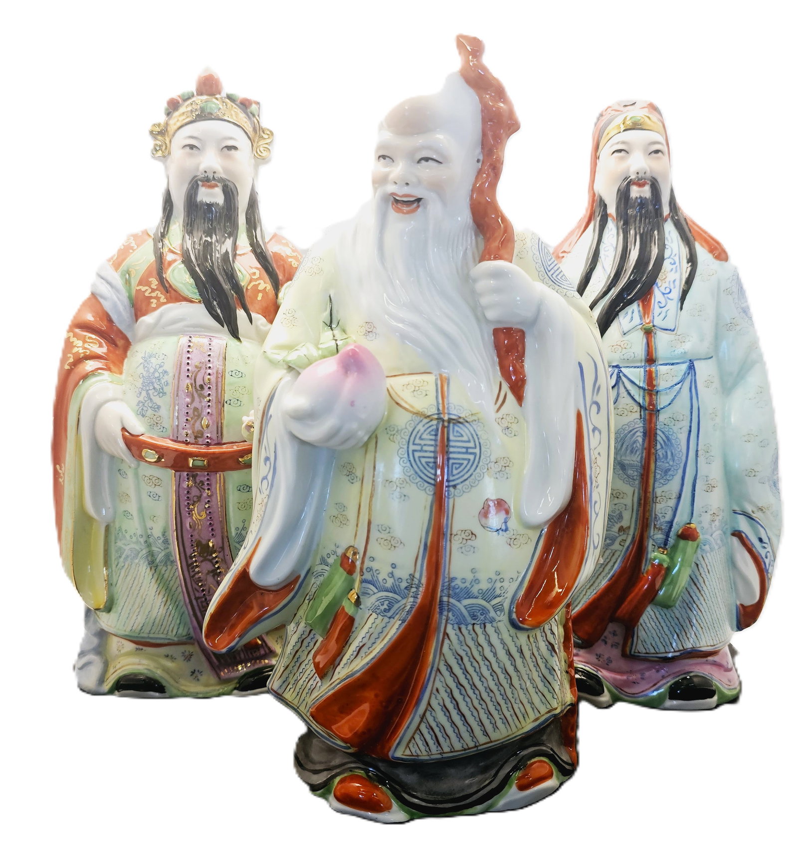 Vintage Or Antique Porcelain Sanxing Statues Representing The Deities Of Fortune, Prosperity, 13" (1 of 13)