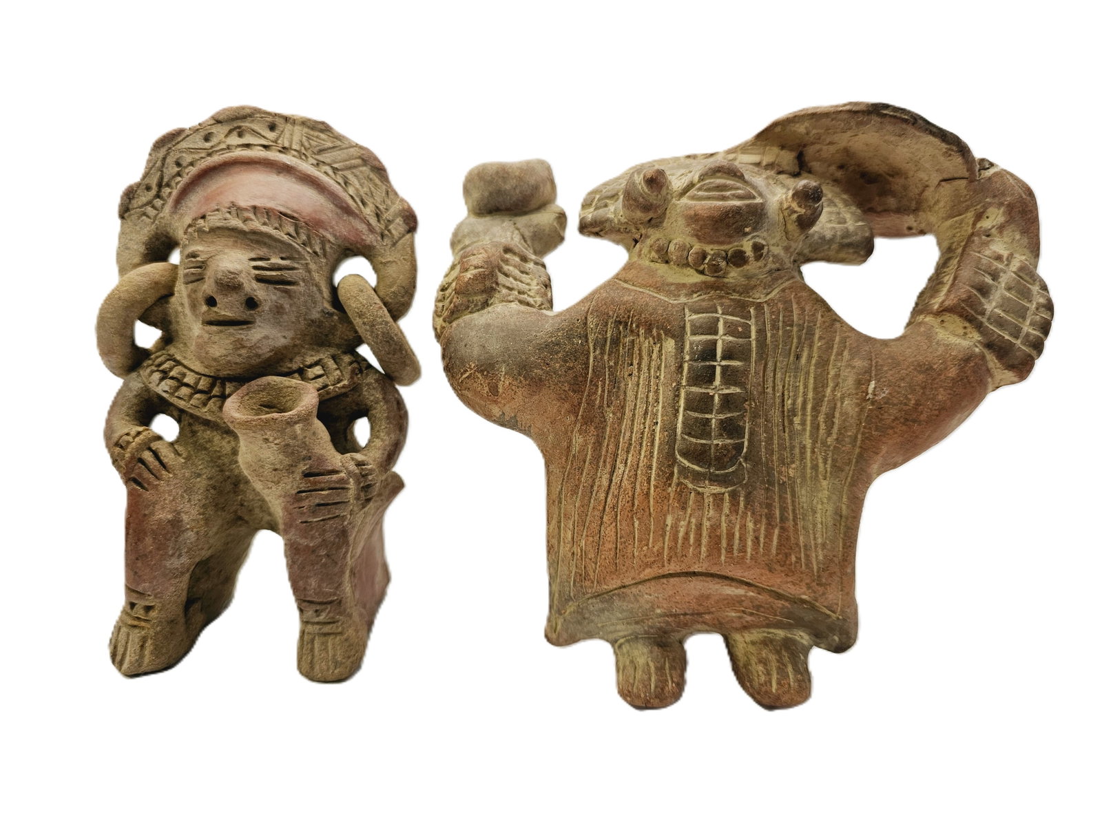 two vintage Mexican terracotta clay figures inspired by Mayan or Aztec art. (1 of 18)