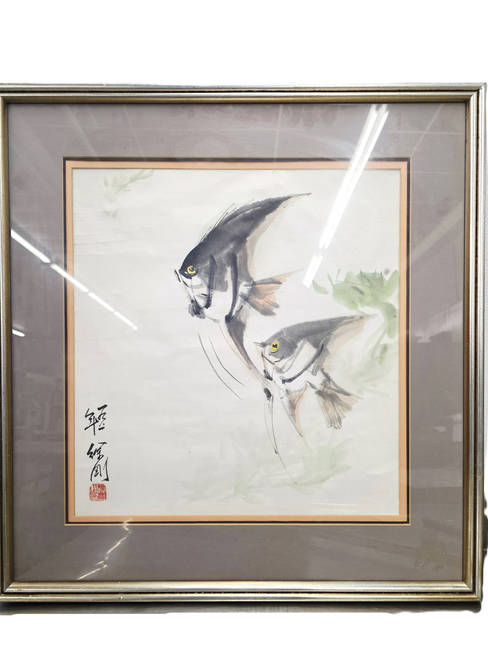 vintage Chinese ink and color painting of angelfish: Chinese ink and color painting of angelfish, consistent with styles used by artists such as Zhao Shiguang (1916–2007) or Chen Yongqiang (born 1948).Medium: It appears to be an ink and watercolor stu