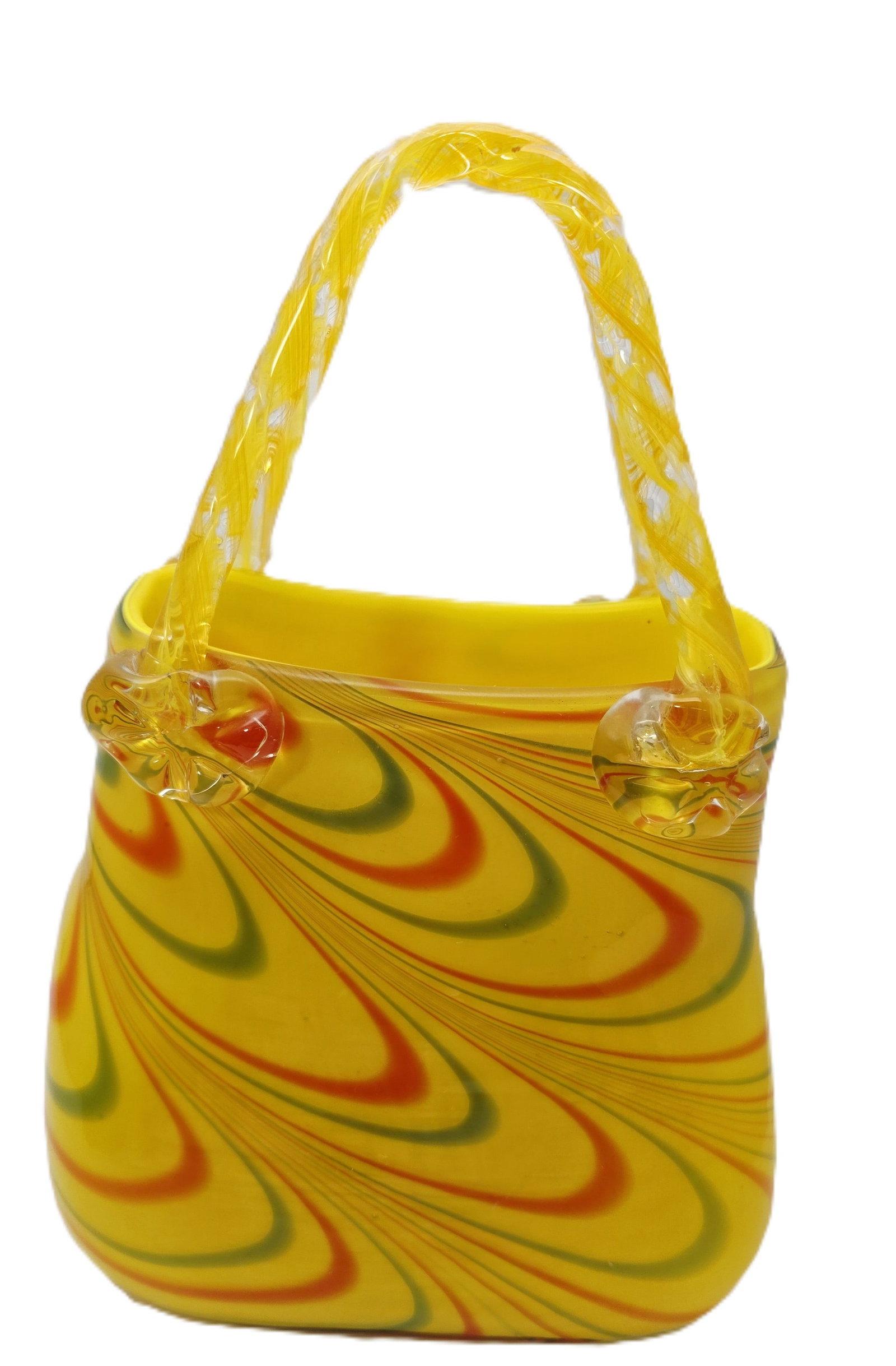 This is a vintage Murano-style art glass purse vase: This is a vintage Murano-style art glass purse vase featuring yellow, green, and orange swirls.Perfect - no defects