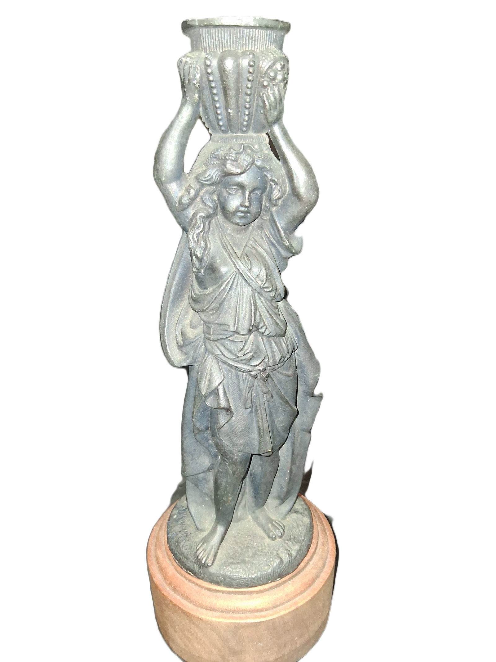 Antique Art Nouveau Spelter figurine: metal figurine, spelter, depicting a figure carrying a basket or urn