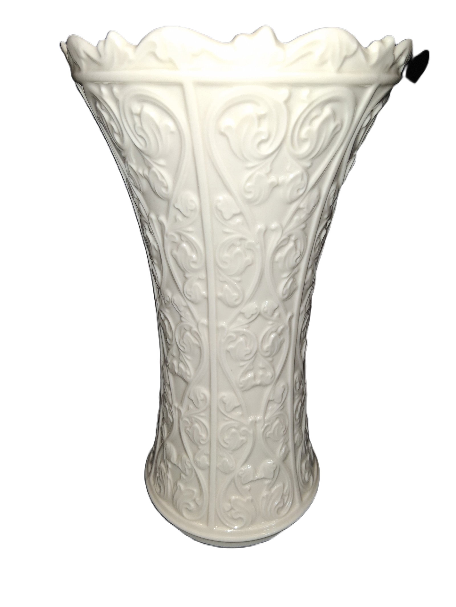 vintage 11-inch Lenox Wentworth Collection cream porcelain vase: vintage 11-inch Lenox Wentworth Collection cream porcelain vase featuring embossed vines and hearts.Design Details: The vase has a flared top with a scalloped rim and an intricate embossed pattern of