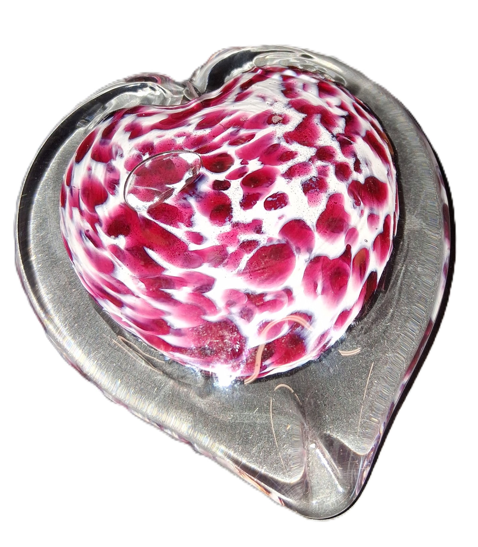 hand-sculpted art glass heart , Murano style art glass: hand-sculpted art glass heart featuring a white core and red spots