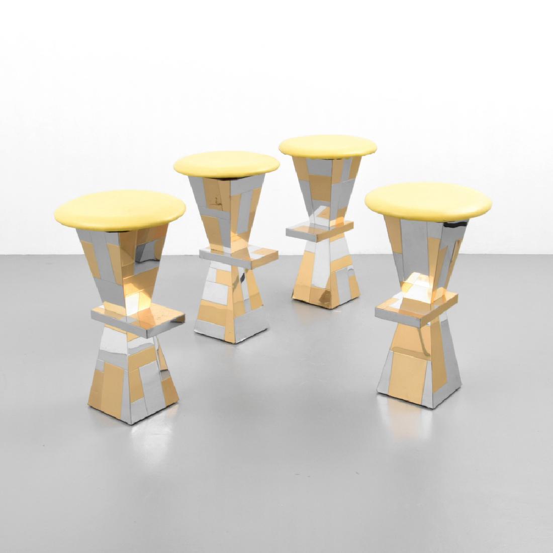 Paul Evans CITYSCAPE Bar Stools, Set of 4: Designer (Artist), Manufacture: Paul Evans; Paul Evans Studio for Directional Markings: no marking(s) apparent Country of Origin, Materials: USA; mixed metals, wood, upholstery Additional Information: