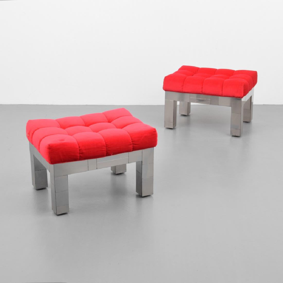 Pair of Paul Evans CITYSCAPE Ottomans: Designer (Artist), Manufacture: Paul Evans; Paul Evans Studio for Directional Markings: inscribed An Original Paul Evans, Paul Evans, Inc. label Country of Origin, Materials: USA; chromed metal, uphol