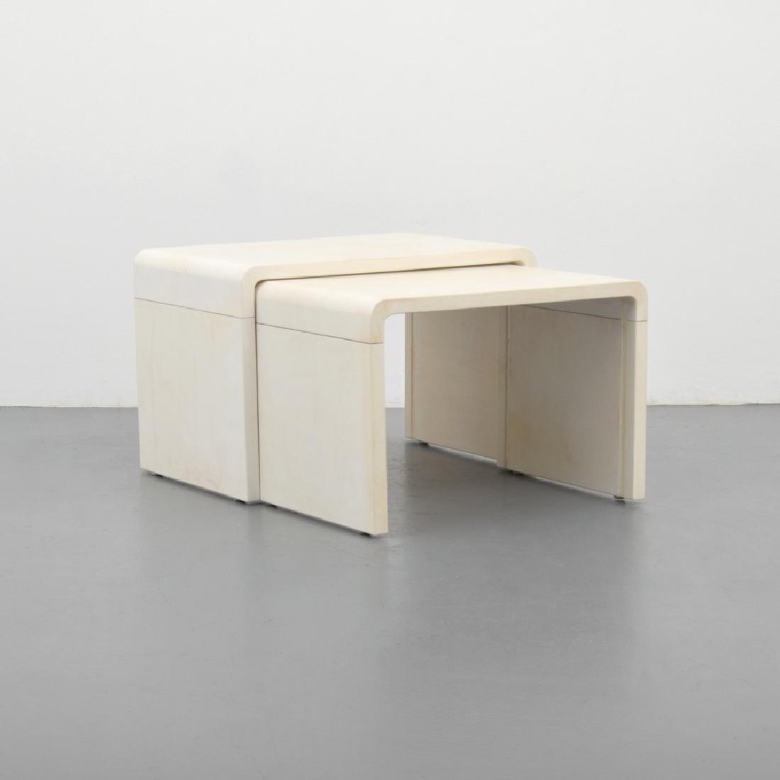 Mattaliano Nesting Tables, Manner of Jean Michel Frank: Designer (Artist), Manufacture: Jean Michel Frank, manner of; Mattaliano Markings: Mattaliano plaque Country of Origin, Materials: USA; vellum Additional Information: No additional information. Dimens