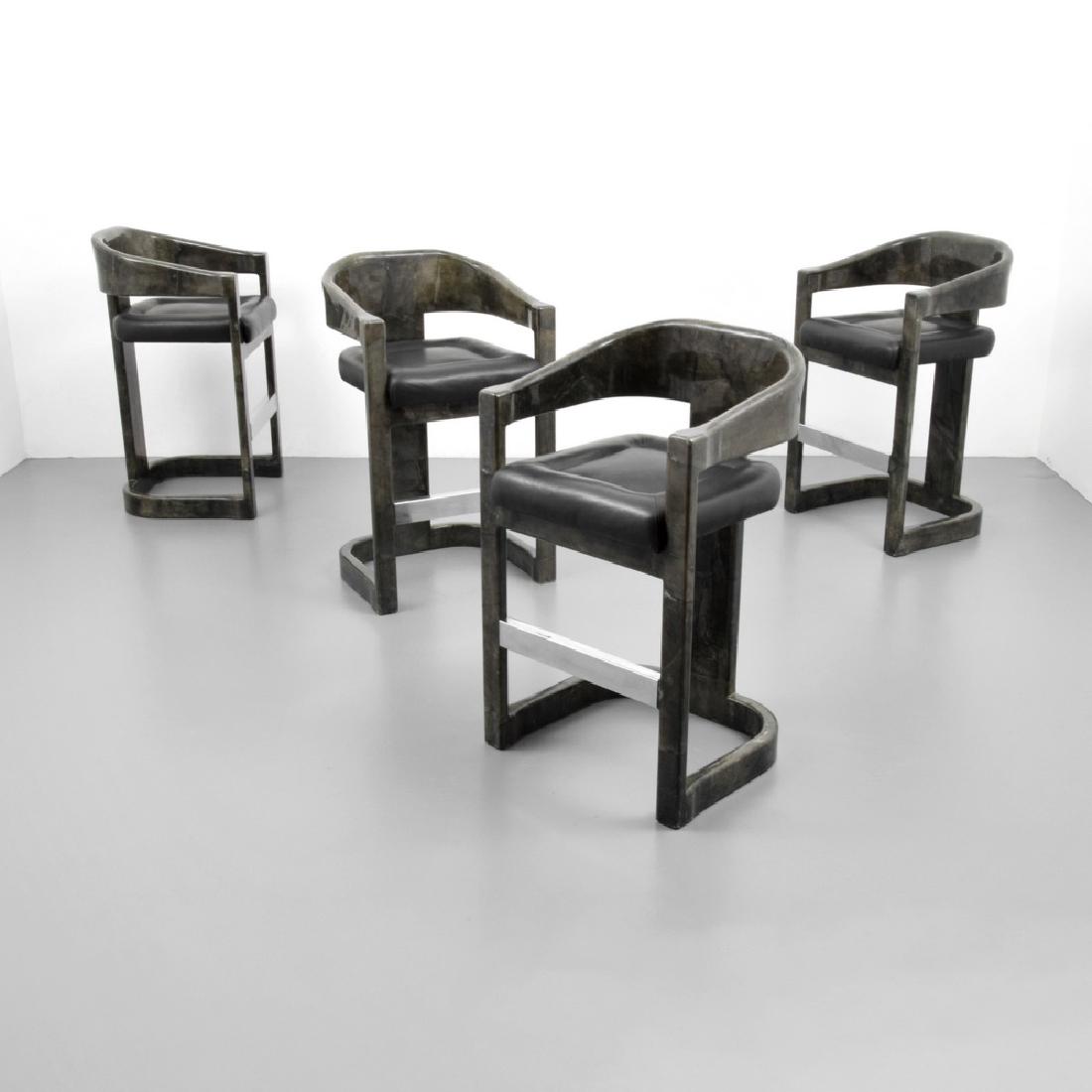 Rare Karl Springer ONASSIS Bar Stools, Set of 4: Designer (Artist), Manufacture: Karl Springer; Karl Springer Ltd. Markings: no marking(s) apparent Country of Origin, Materials: USA; lacquered parchment, leather, chromed metal Additional Information