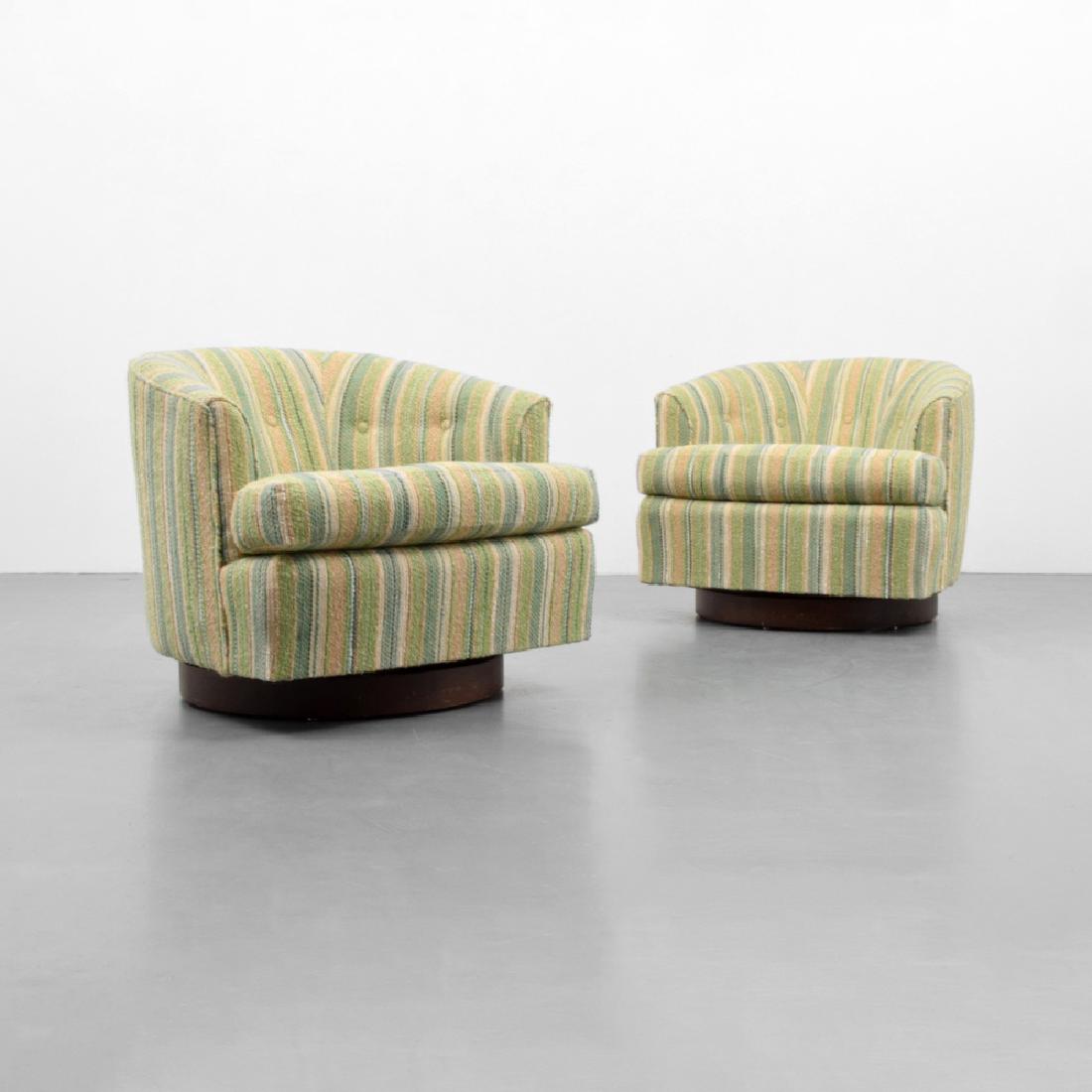 Pair of Swivel Lounge Chairs, Manner of Milo Baughman: Designer (Artist), Manufacture: Milo Baughman, manner of Markings: no marking(s) apparent Country of Origin, Materials: USA; wood, upholstery Additional Information: Similar forms have been attributed