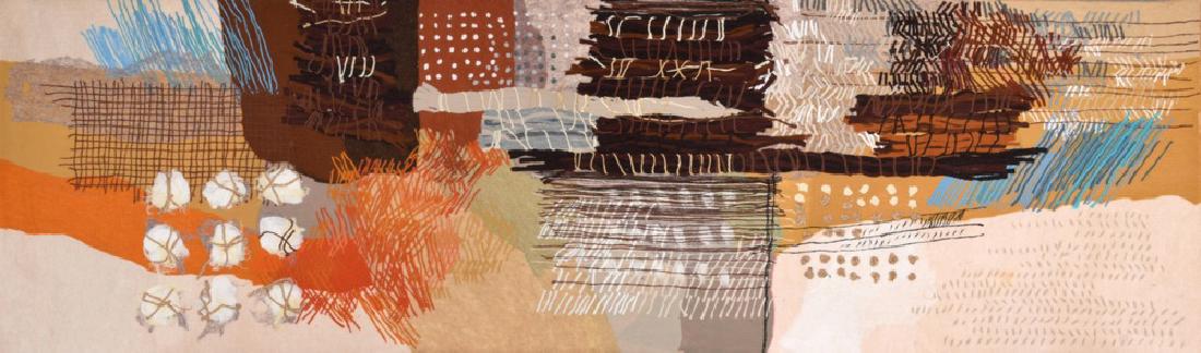 Monumental Calman Shemi SOFT PAINTING: Designer (Artist), Manufacture: Calman Shemi (b. 1939) Markings: signed; 1982 Country of Origin, Materials: Israeli; wool Additional Information: No additional information. Dimensions: 52"h, 168"w