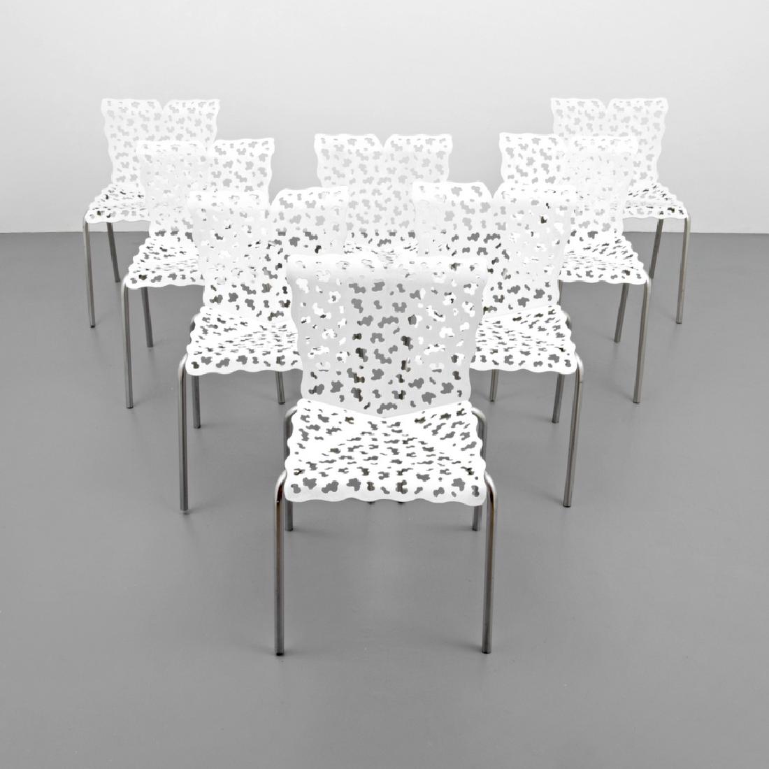 Richard Schultz TOPIARY CAFE Stacking Chairs, Set of 8: Designer (Artist), Manufacture: Richard Schultz; Knoll Markings: no marking(s) apparent Country of Origin, Materials: USA; aluminum, stainless steel Additional Information: Chairs are intended for bot