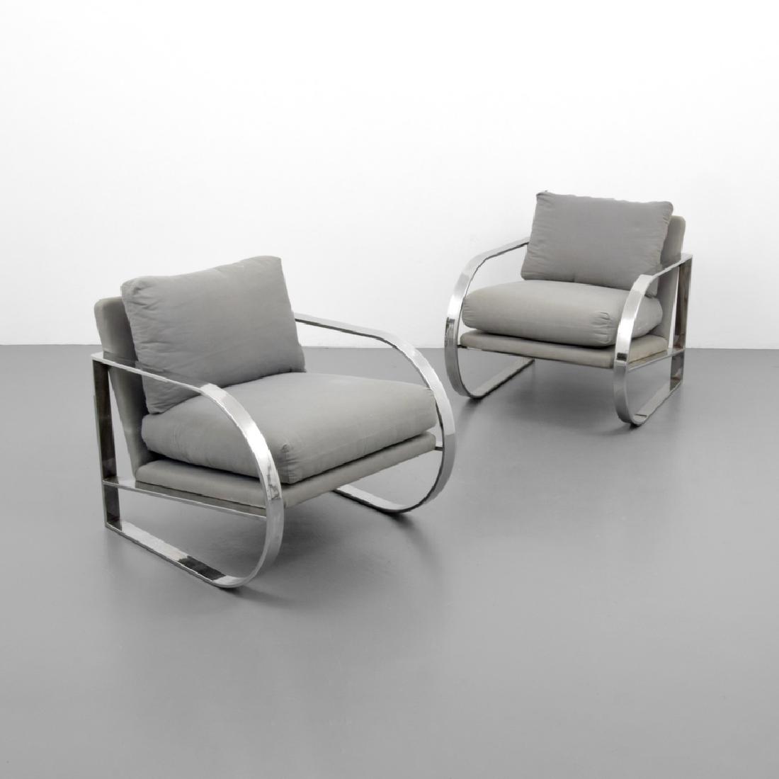 Pair of Lounge Chairs, Manner of Milo Baughman: Designer (Artist), Manufacture: Milo Baughman, manner of Markings: no marking(s) apparent Country of Origin, Materials: unknown; chromed metal, upholstery Additional Information: No additional informa
