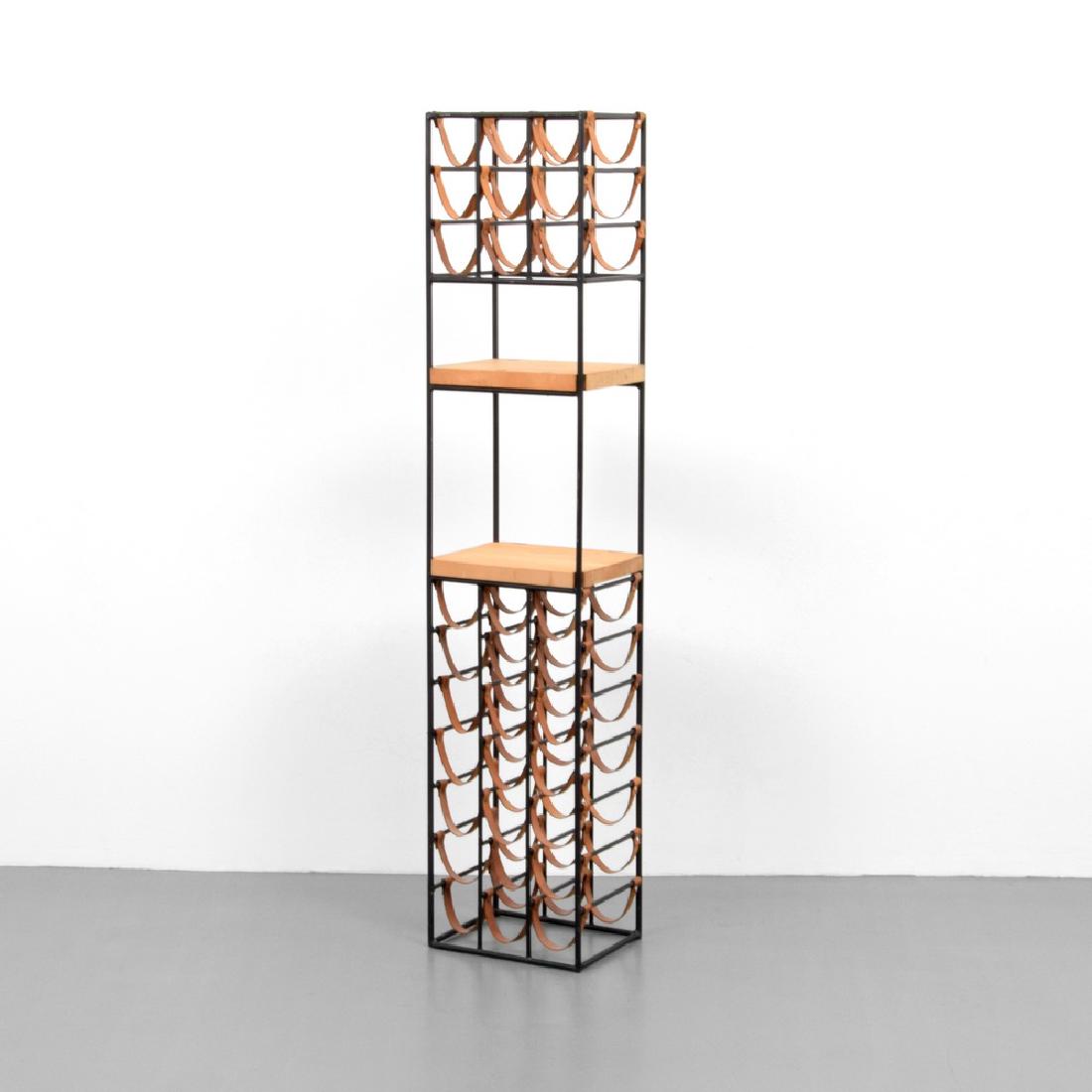 Arthur Umanoff Wine Rack / Bar: Designer (Artist), Manufacture: Arthur Umanoff Markings: no marking(s) apparent Country of Origin, Materials: USA; iron, wood, leather Additional Information: Wine rack holds thirty bottles and has tw