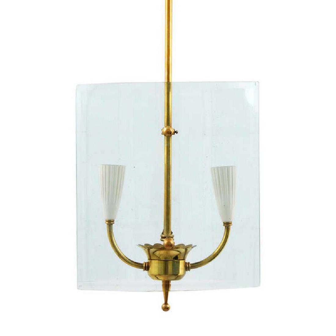 Pendant Light, Manner of Pietro Chiesa: Designer & Manufacturer: Pietro Chiesa, manner of; Fontana Arte, manner of Markings: no marking(s) apparent Country of Origin & Materials: Italy; brass, glass Additional Information: Light has two lig