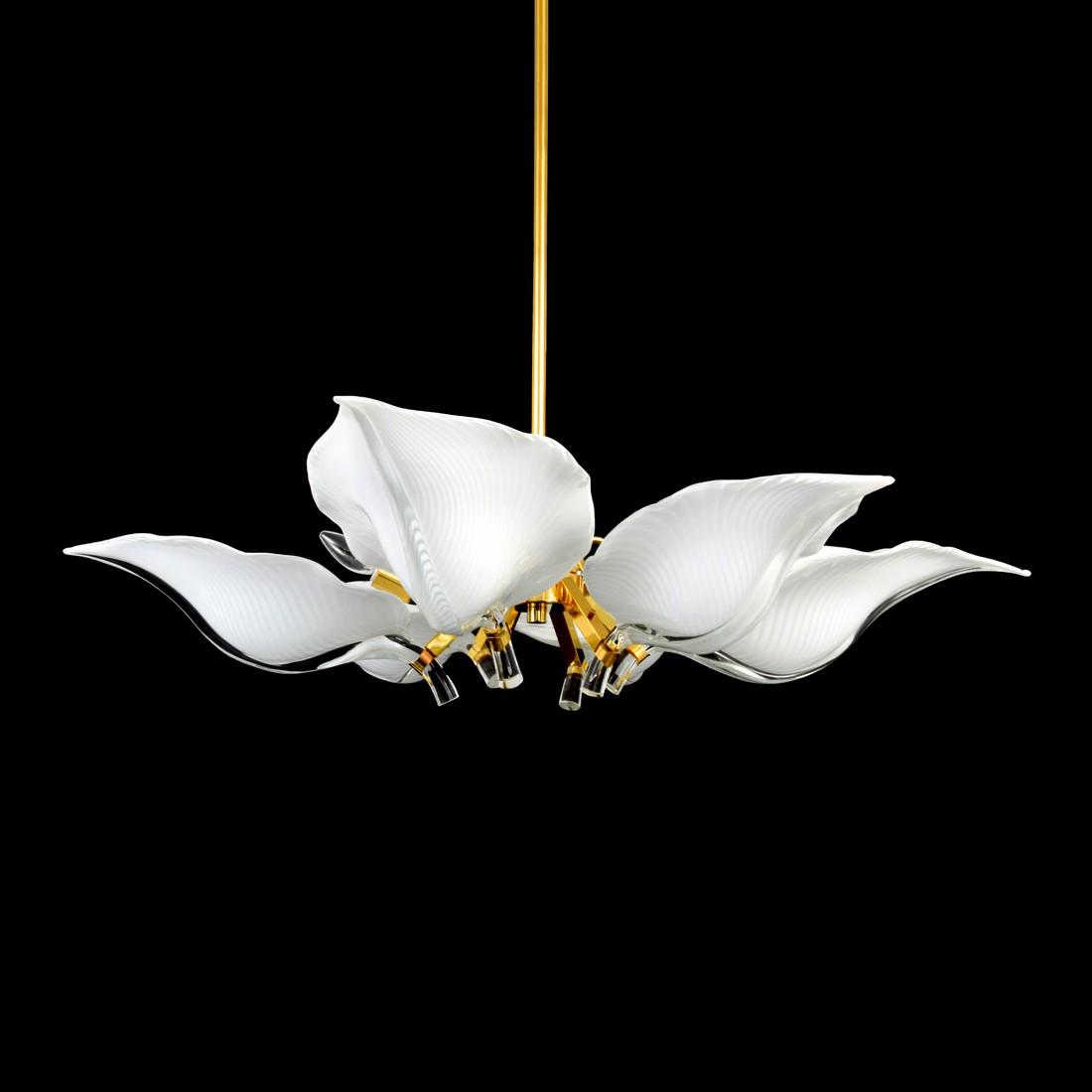 Franco Luce Chandelier, Murano: Designer & Manufacturer: Franco Luce Markings: no marking(s) apparent Country of Origin & Materials: Italy; brass, glass Additional Information: Chandelier has six light sockets and six blown glass te