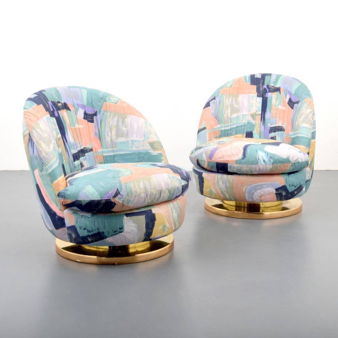 Pair of Milo Baughman Swivel Lounge Chairs: Designer & Manufacturer: Milo Baughman; Thayer Coggin Markings: Thayer Coggin label; care label Country of Origin & Materials: USA; metal, upholstery Additional Information: Modern Art, Design & Luxur