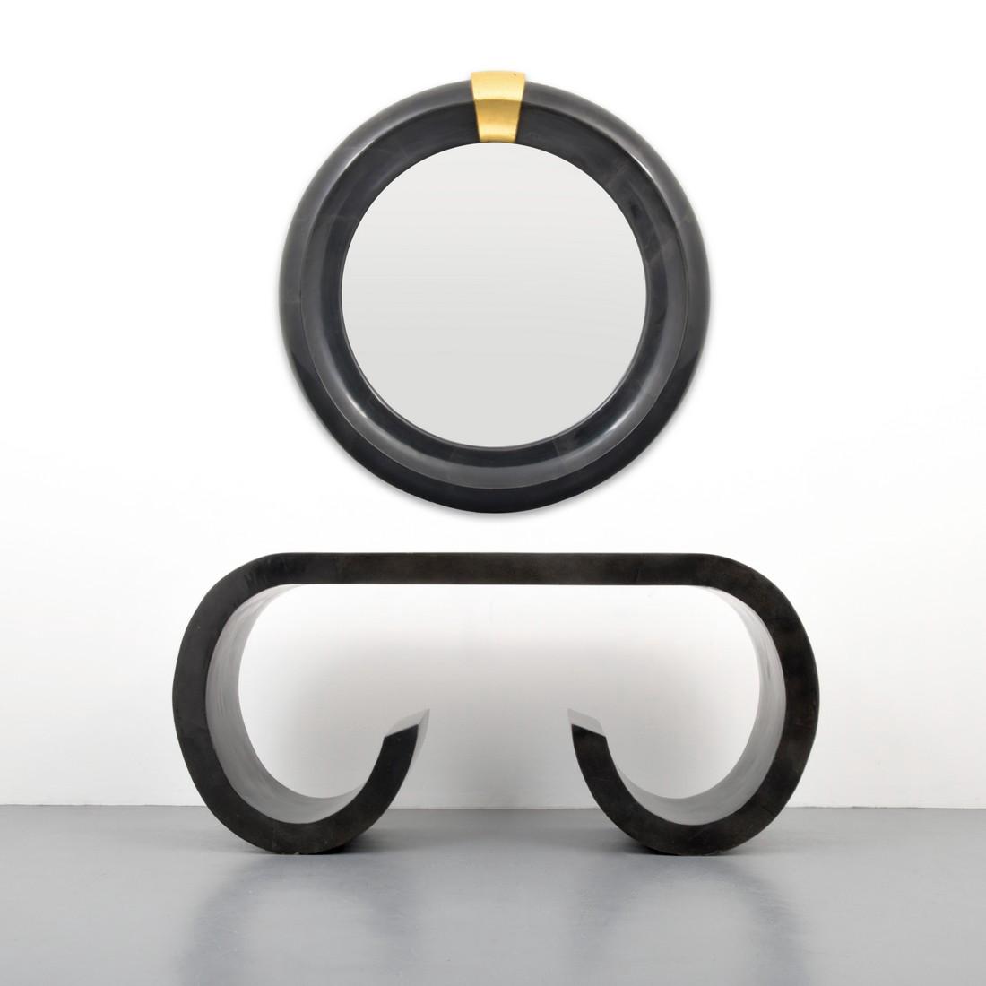 Console Table & Mirror, Manner of Karl Springer: Designer & Manufacturer: Karl Springer, manner of Markings: no marking(s) apparent Country of Origin & Materials: unknown; lacquered parchment, mirrored glass, wood Additional Information: Modern Art,