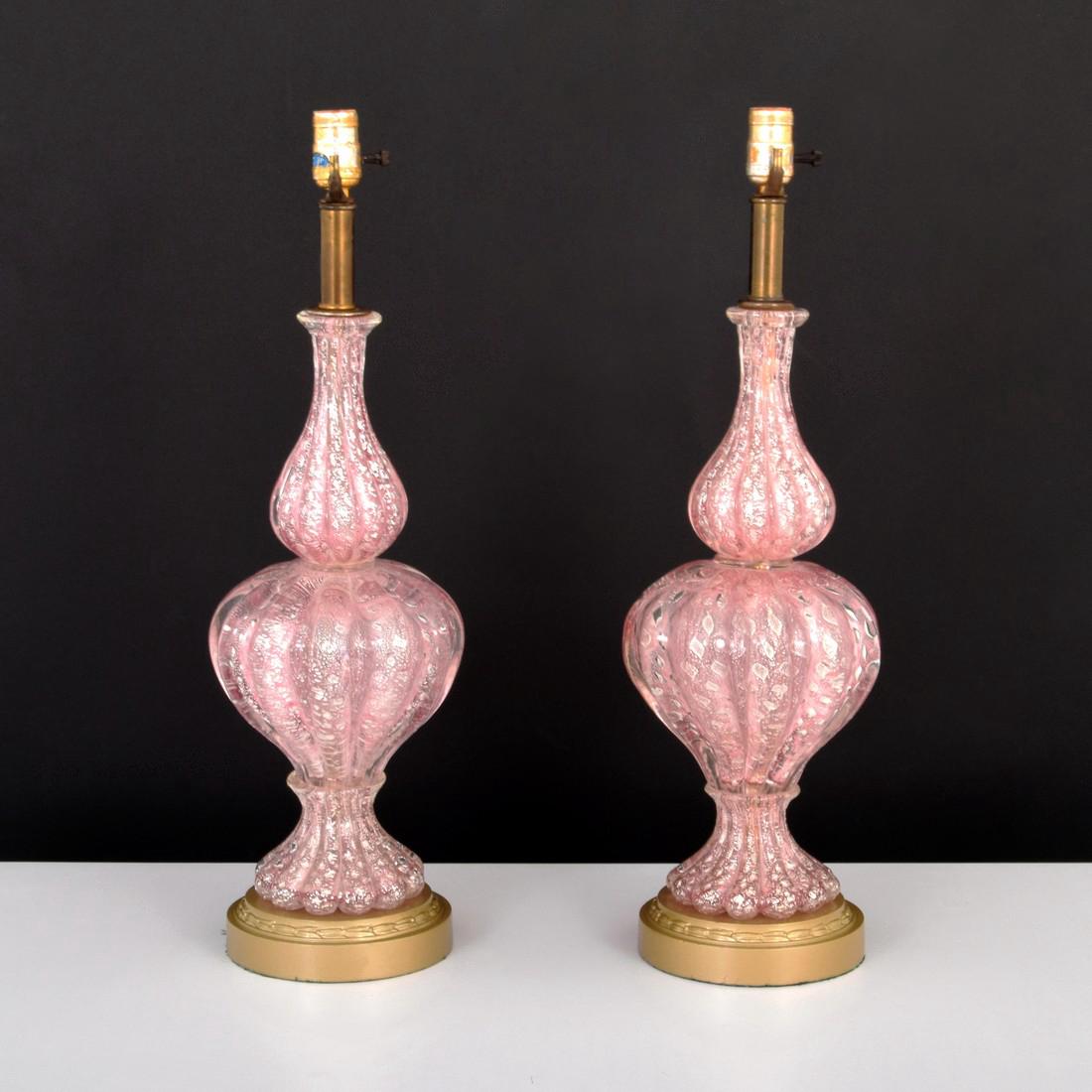 Pair of Large Lamps Attributed to Barovier & Toso: Designer & Manufacturer: Barovier & Toso, attributed Markings: no marking(s) apparent Country of Origin & Materials: Italy; glass, metal Additional Information: Lamps have silver aventurine throughout
