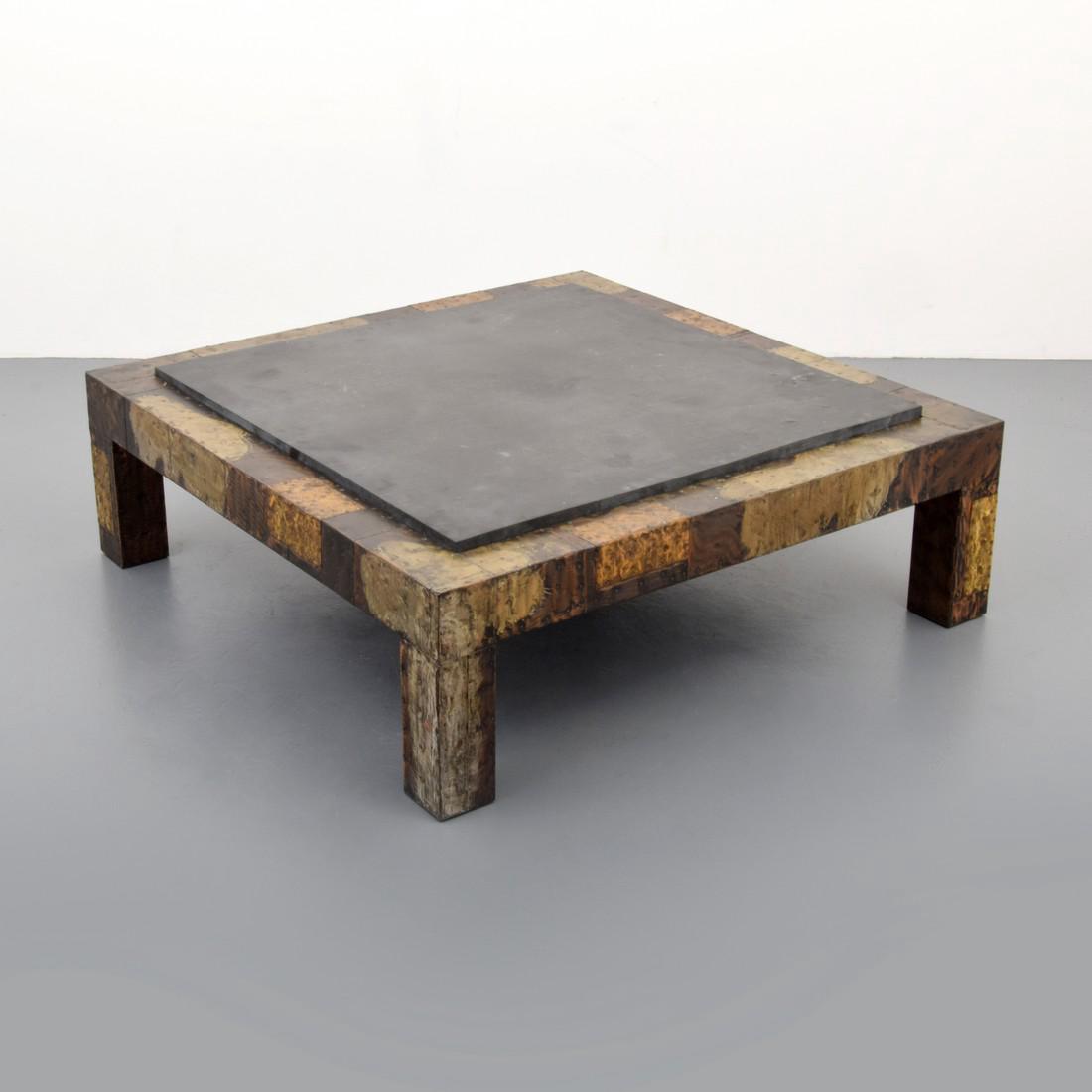 Paul Evans PATCHWORK Coffee Table: Designer & Manufacturer: Paul Evans; Paul Evans Studio for Directional Markings: no marking(s) apparent Country of Origin & Materials: USA; mixed metals, slate, wood Additional Information: Reference: