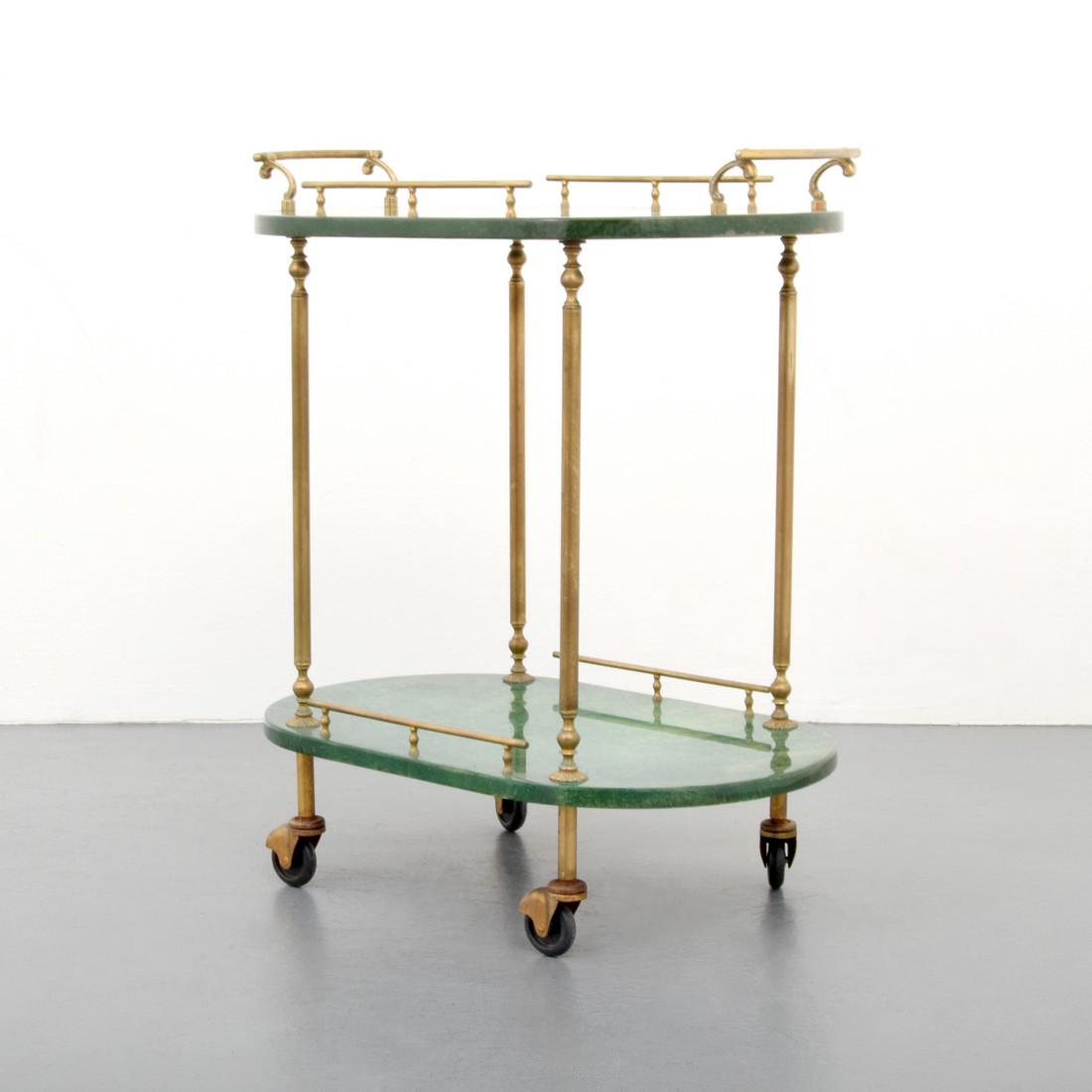 Aldo Tura Goatskin Tea Cart: Designer & Manufacturer: Aldo Tura Markings: marking(s): 27, remnants of label Country of Origin & Materials: Italy; lacquered goatskin, brass Additional Information: Wheeled cart has two tiers. Dimen
