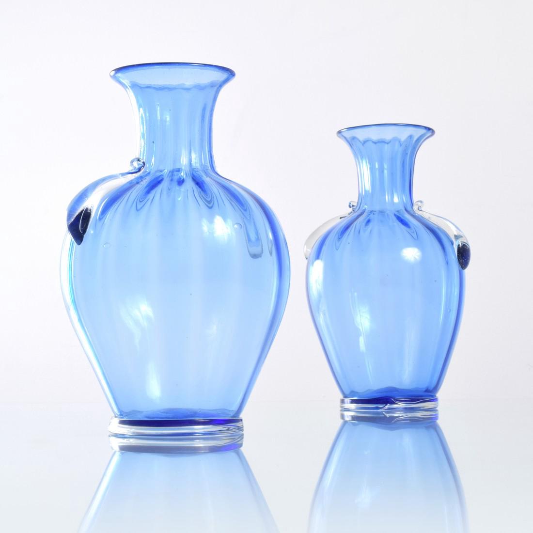 Pair of Cirillo Maschio COSTOLATO Vases, Murano: Designer & Manufacturer: Giuseppe Chiacigh, attributed; Cirillo Maschio Markings: Made in Italy acid stamp Country of Origin & Materials: Italian; glass Additional Information: Pair of light blue SOFF