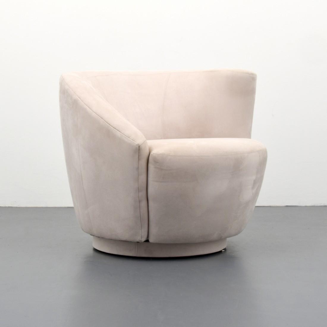Vladimir Kagan CORKSCREW Swivel Lounge Chair: Designer & Manufacturer: Vladimir Kagan; Directional Markings: no marking(s) apparent Country of Origin & Materials: USA; microfiber upholstery Additional Information: Reference: The Complete Kagan, T