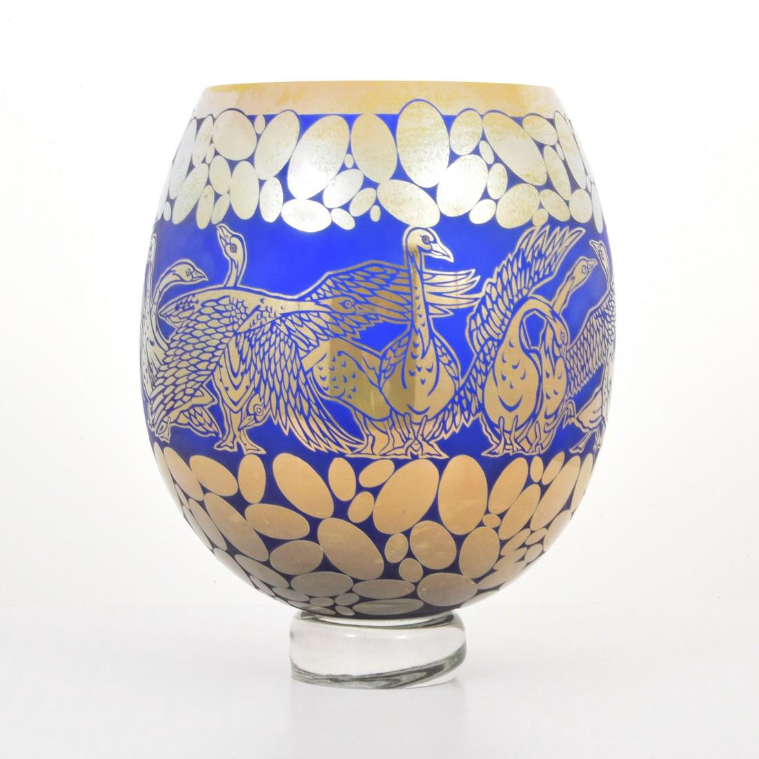 Massive Duncan McClellan Vase: Designer & Manufacturer: Duncan McClellan Markings: signed; label; 2002 Country of Origin & Materials: American; glass Additional Information: Work is titled GOLDEN GEESE. Dimensions(H,W,D): 17"h, 13"