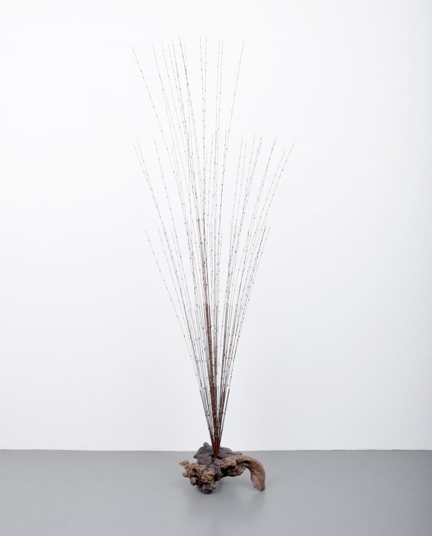 Massive Metal Sculpture, Manner of Curtis Jere: Designer & Manufacturer: Curtis Jere, manner of; Artisan House, manner of Markings: no marking(s) apparent Country of Origin & Materials: unknown; metal, burl wood Additional Information: Modern Art,