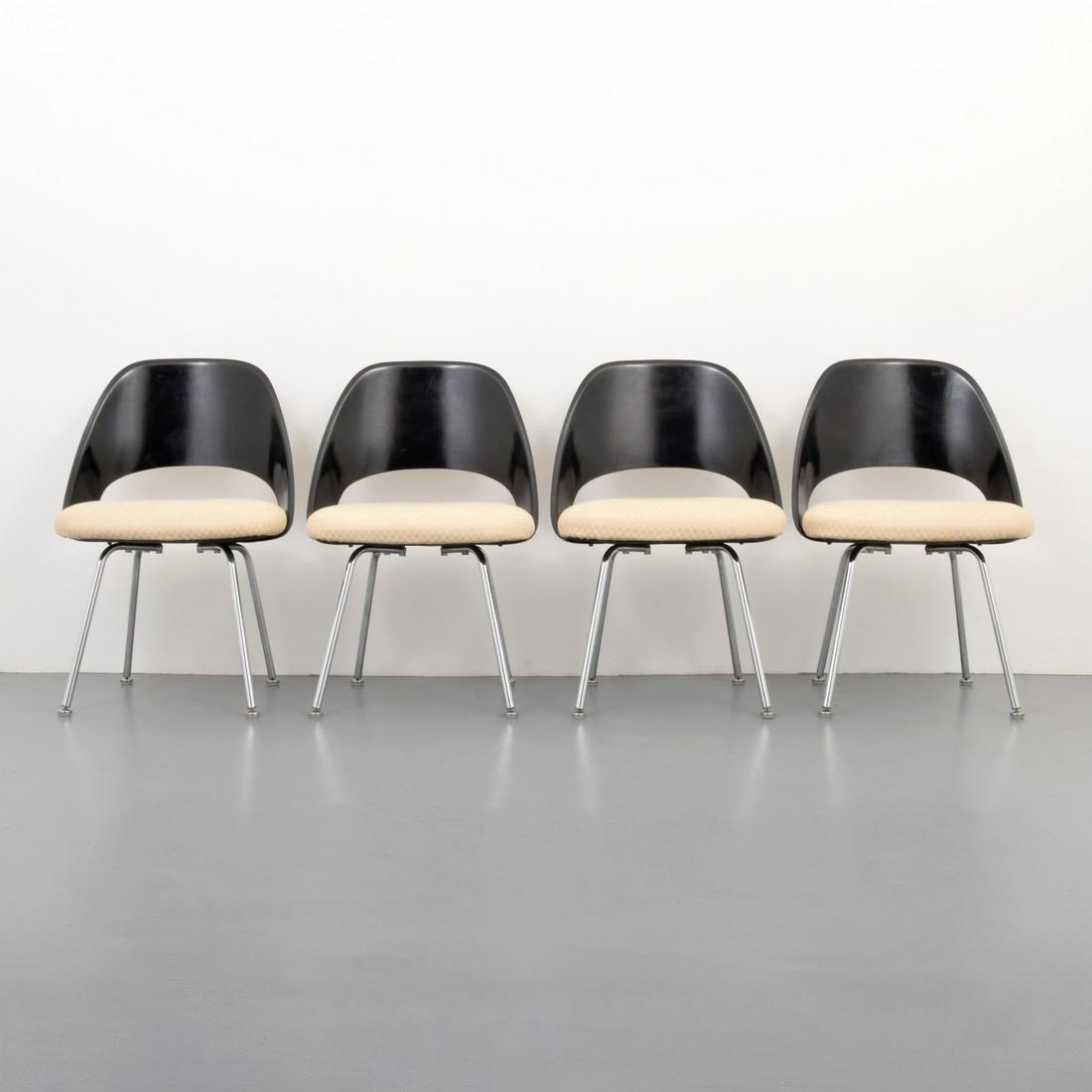 Eero Saarinen Dining Chairs, Set of 4: Designer & Manufacturer: Eero Saarinen; Knoll International Markings: Knoll International label Country of Origin & Materials: USA; plastic, chromed steel, upholstery Additional Information: Chairs ar