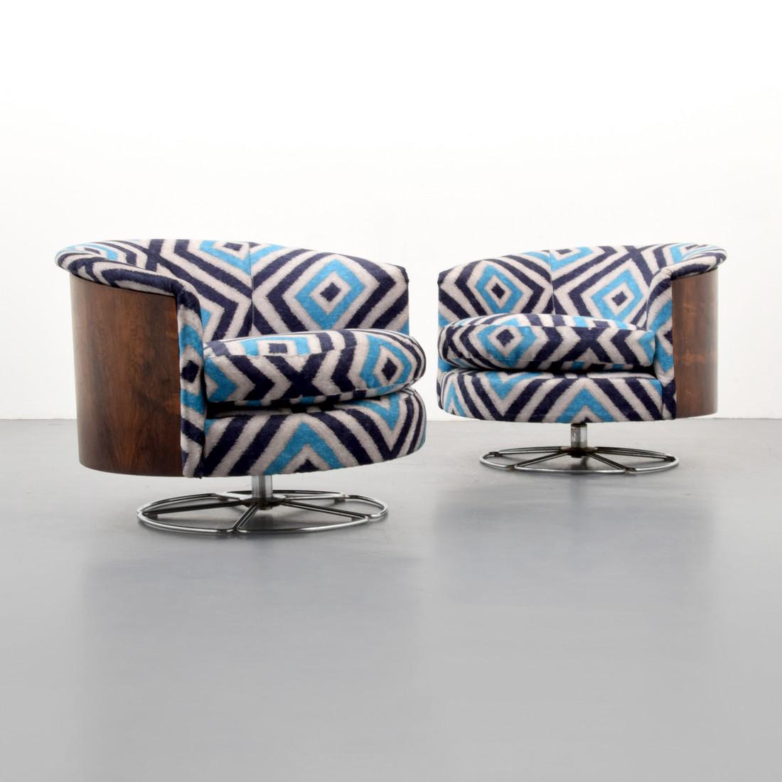 Selig Swivel Club Chairs, Manner of Milo Baughman: Designer & Manufacturer: Selig Imperial Markings: Selig Imperial label; Made in Sweden label Country of Origin & Materials: rosewood, upholstery Additional Information: Modern Art, Design & Luxury | P