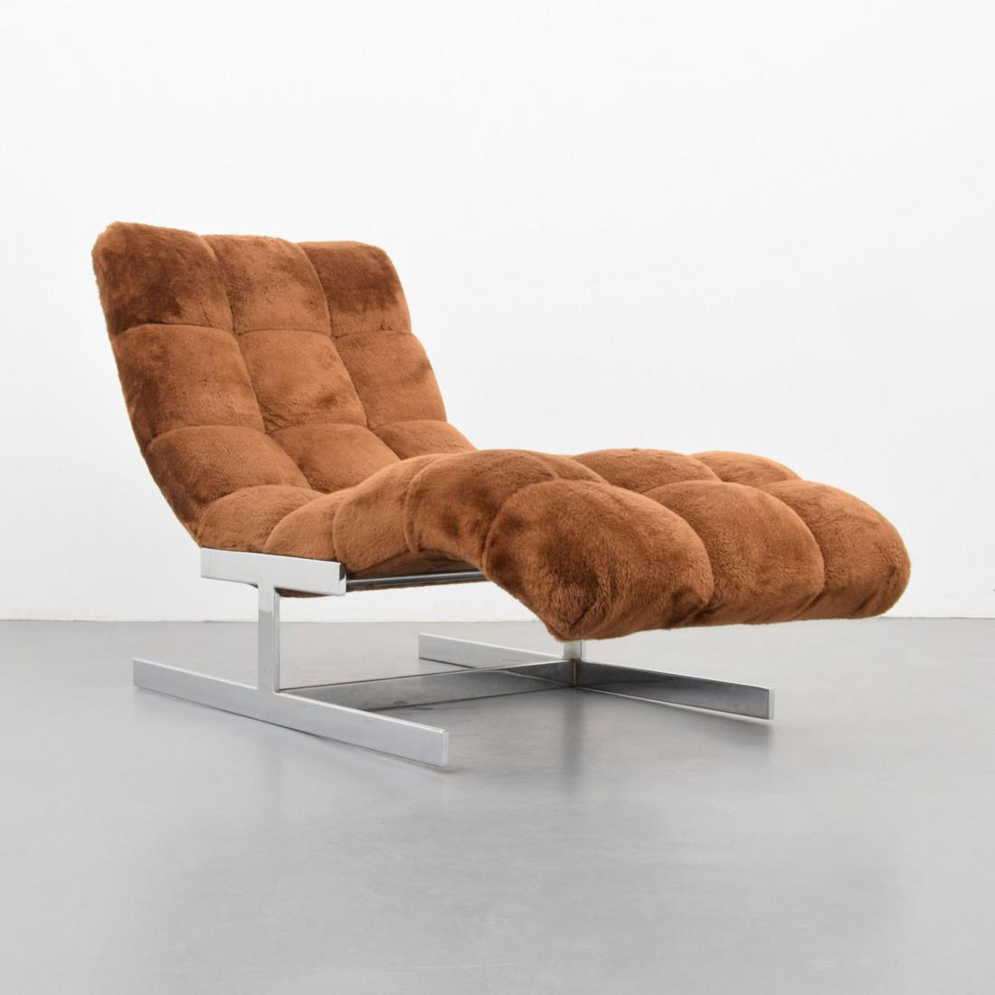 Chaise Lounge Chair, Manner of Milo Baughman: Designer & Manufacturer: Milo Baughman, manner of Markings: no marking(s) apparent Country of Origin & Materials: USA; chromed metal, upholstery Additional Information: Modern Art, Design & Luxury | P
