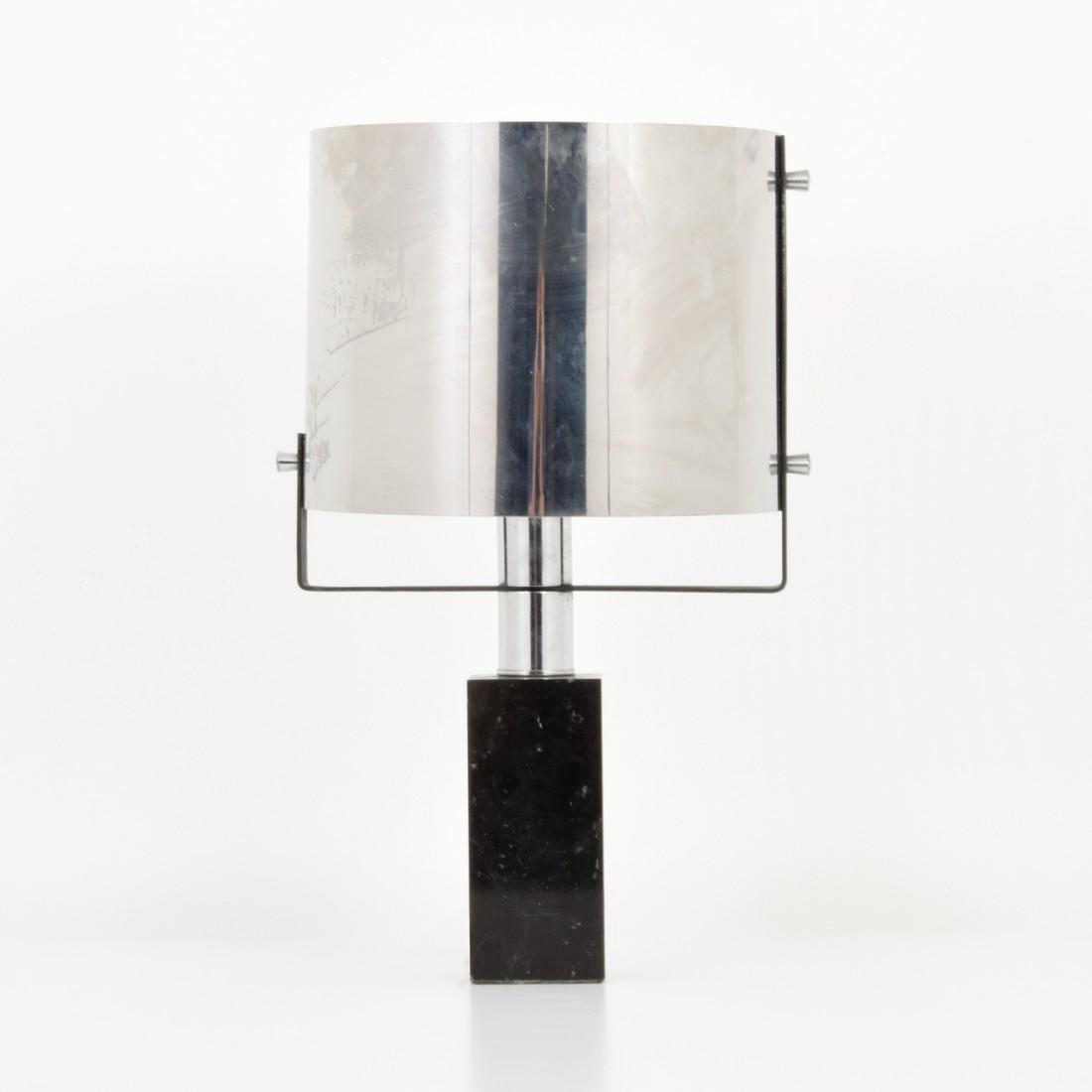 Chrome Table Lamp, Manner of Cini Boeri: Designer & Manufacturer: Cini Boeri, manner of Markings: no marking(s) apparent Country of Origin & Materials: unknown; chromed metal, enameled metal, granite Additional Information: Lamp has one ligh