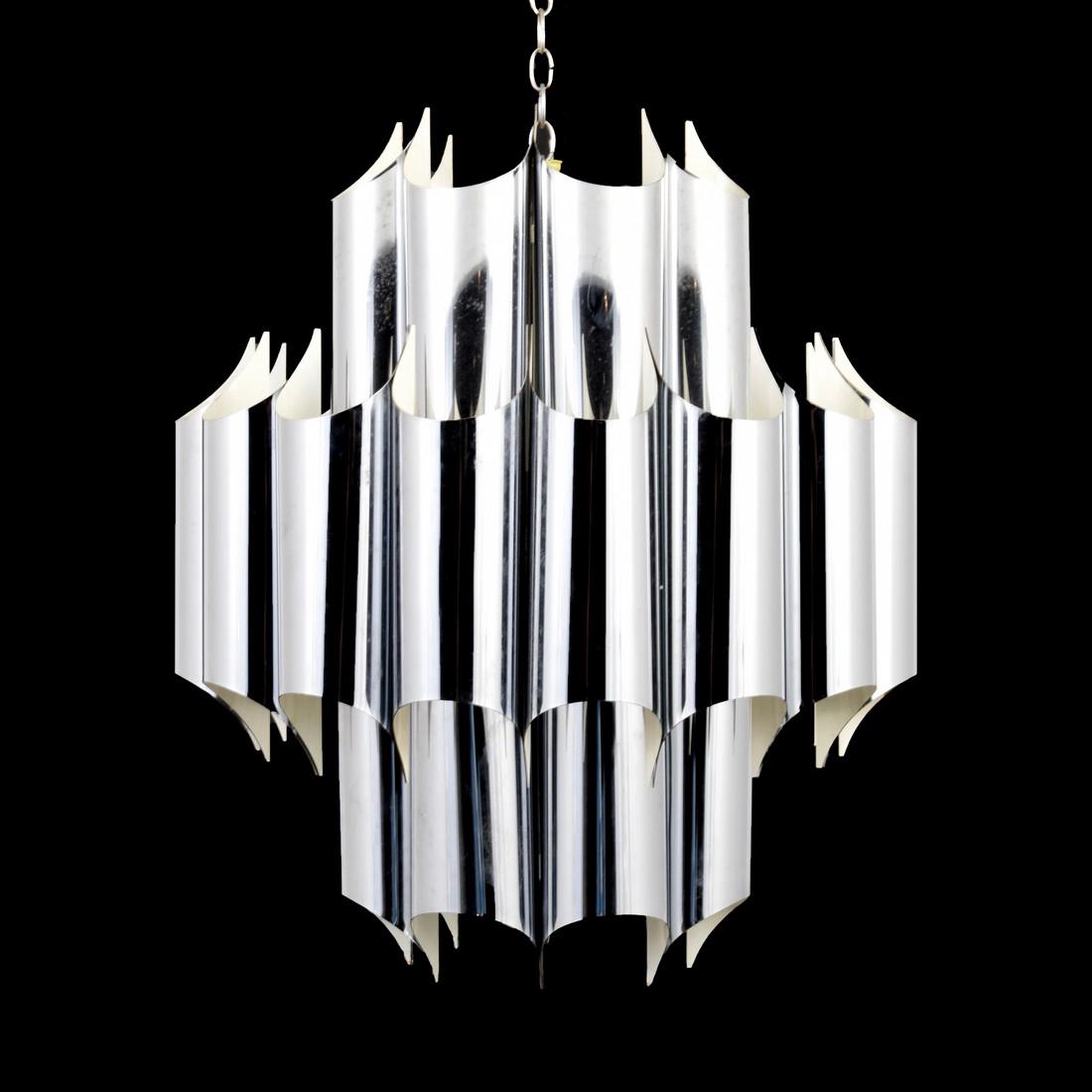 Large Robert Sonneman Chandelier: Designer & Manufacturer: Robert Sonneman; Sonneman Associates, Inc. Markings: Sonneman label Country of Origin & Materials: USA; chromed metal Additional Information: Chandelier has four light sockets