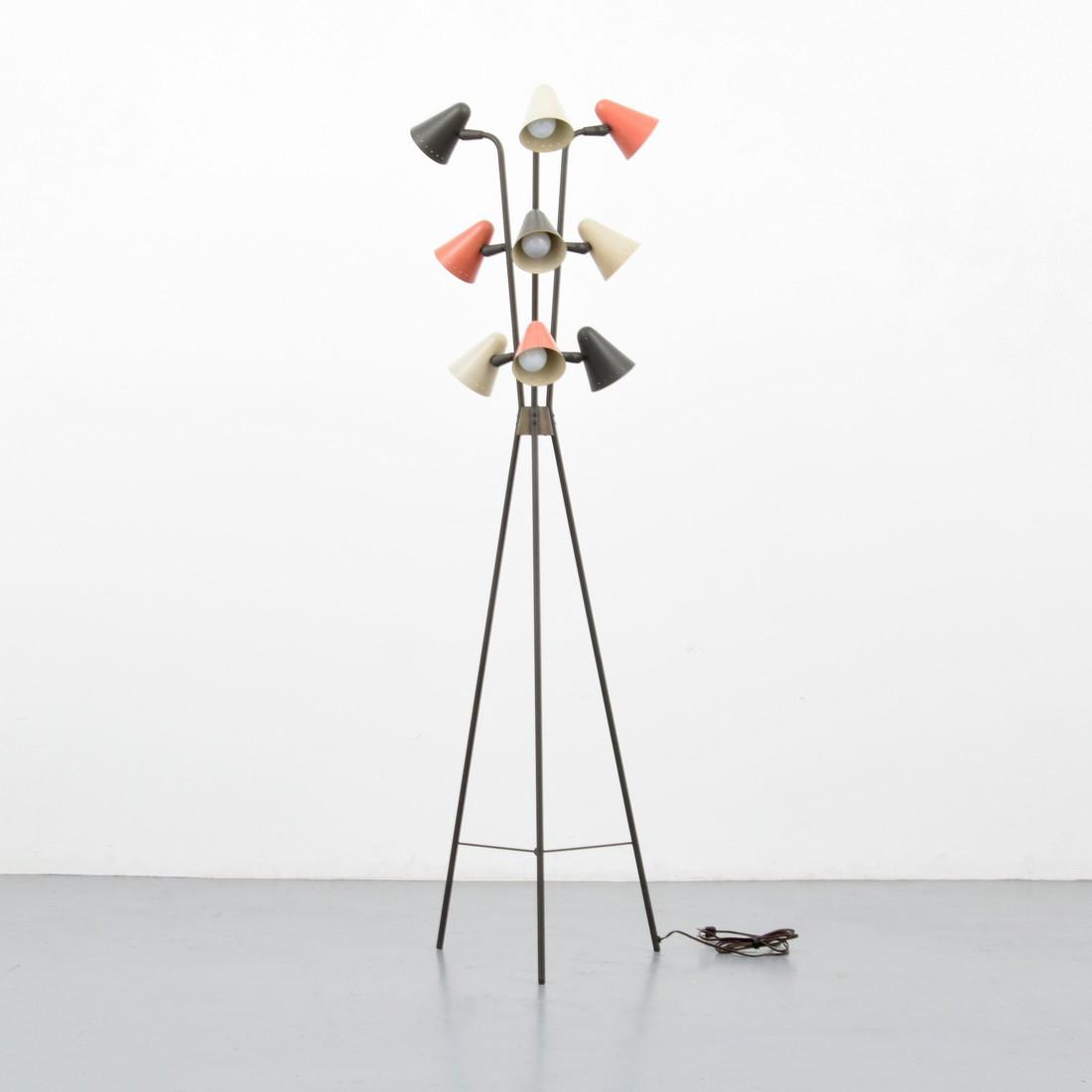 Gerald Thurston Floor Lamp: Designer & Manufacturer: Gerald Thurston; Lightolier Markings: Lightolier label Country of Origin & Materials: USA; enameled metal Additional Information: Lamp has nine articulated lights. This desig