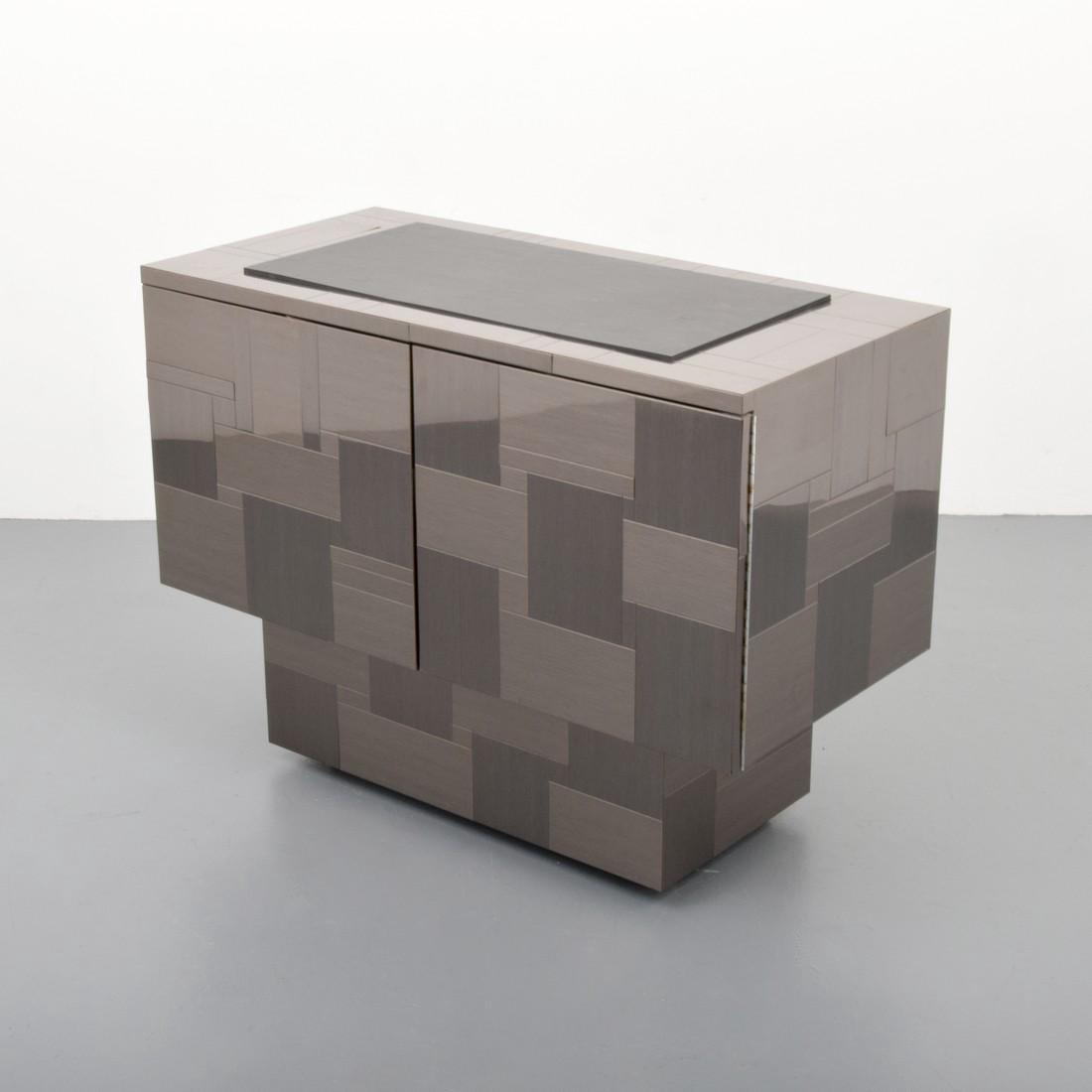 Paul Evans CITYSCAPE Cabinet: Designer & Manufacturer: Paul Evans; Directional Markings: signed Country of Origin & Materials: USA; metal, slate Additional Information: Wheeled cabinet has a finished back and two doors, revealing